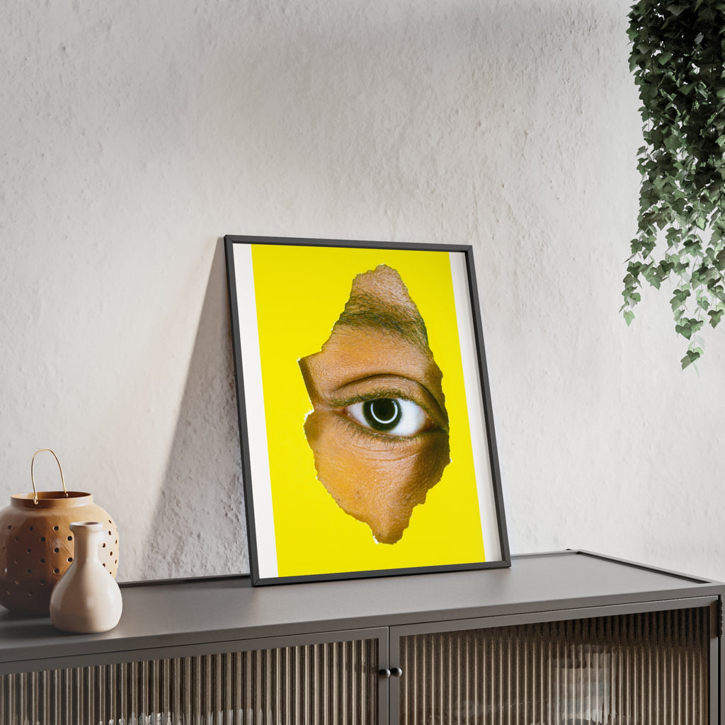 Surreal Eye Print Poster with Wooden Frame — Bold Yellow Wall Art
