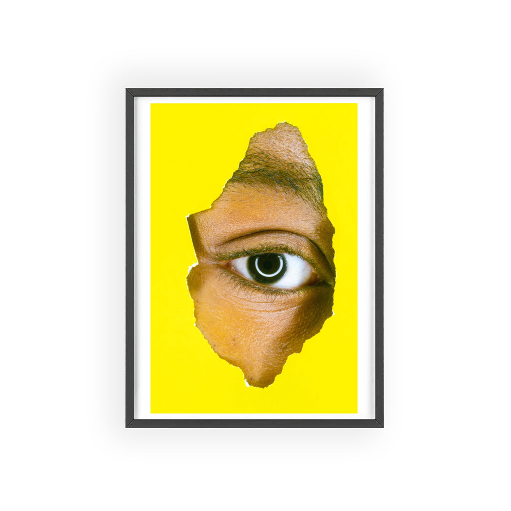 Surreal Eye Print Poster with Wooden Frame — Bold Yellow Wall Art