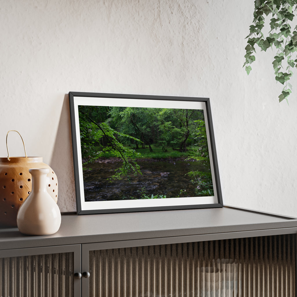 Framed Forest Stream Poster — Wooden Black Frame Nature Wall Art