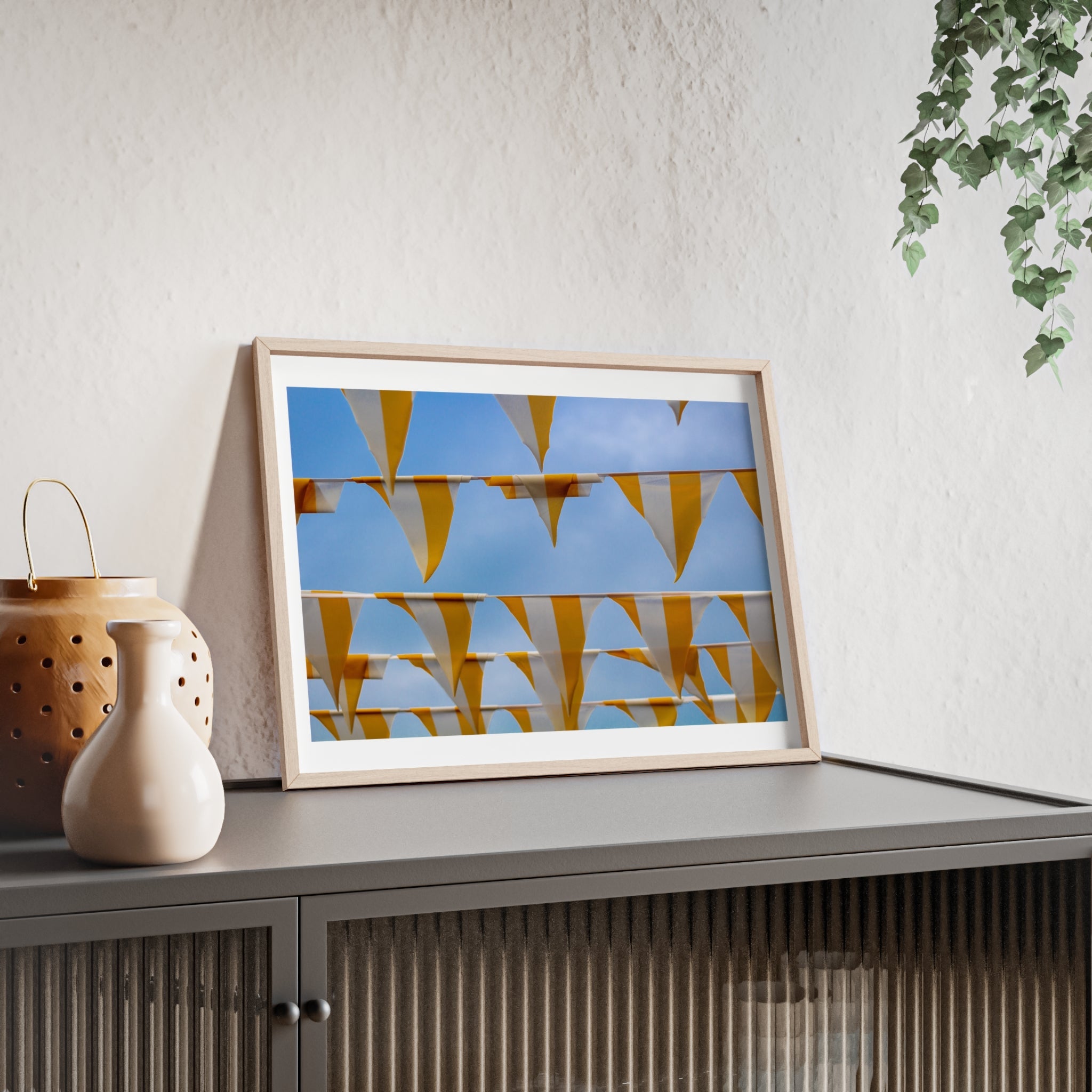 Yellow Bunting Photo Poster with Wooden Frame — Festive Beach Vibes Wall Art