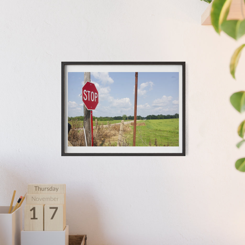 Framed Stop Sign Poster — Rustic Country Road Wall Art