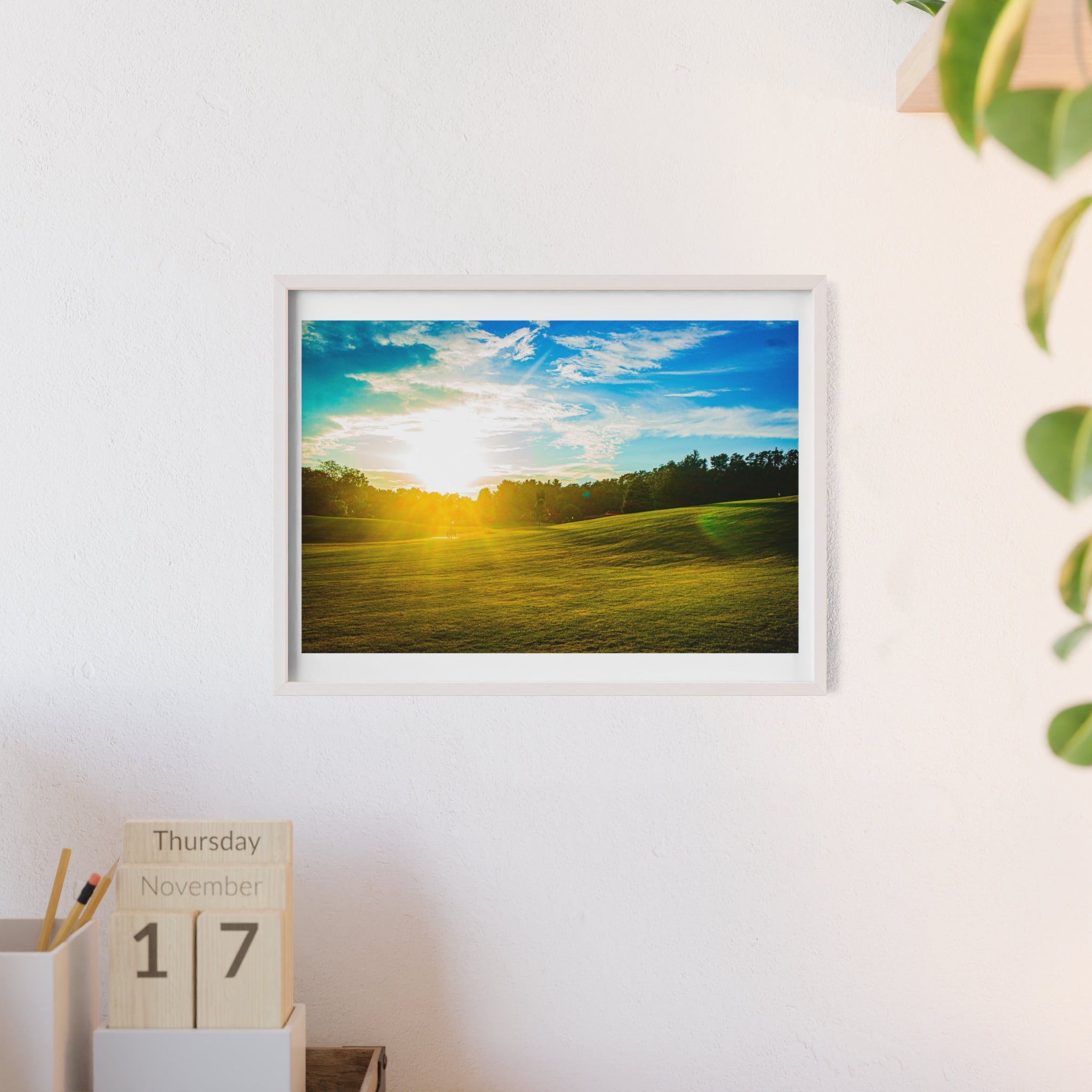 Sunlit Meadow Poster with Wooden Frame — Landscape Wall Art Print