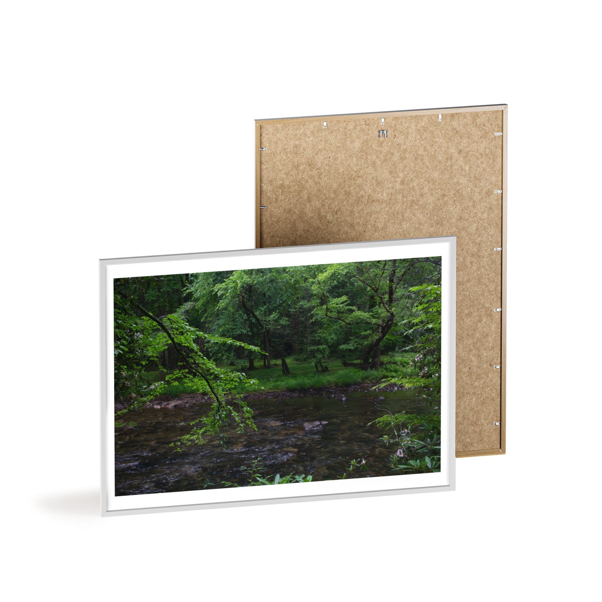 Framed Forest Stream Poster — Wooden Black Frame Nature Wall Art