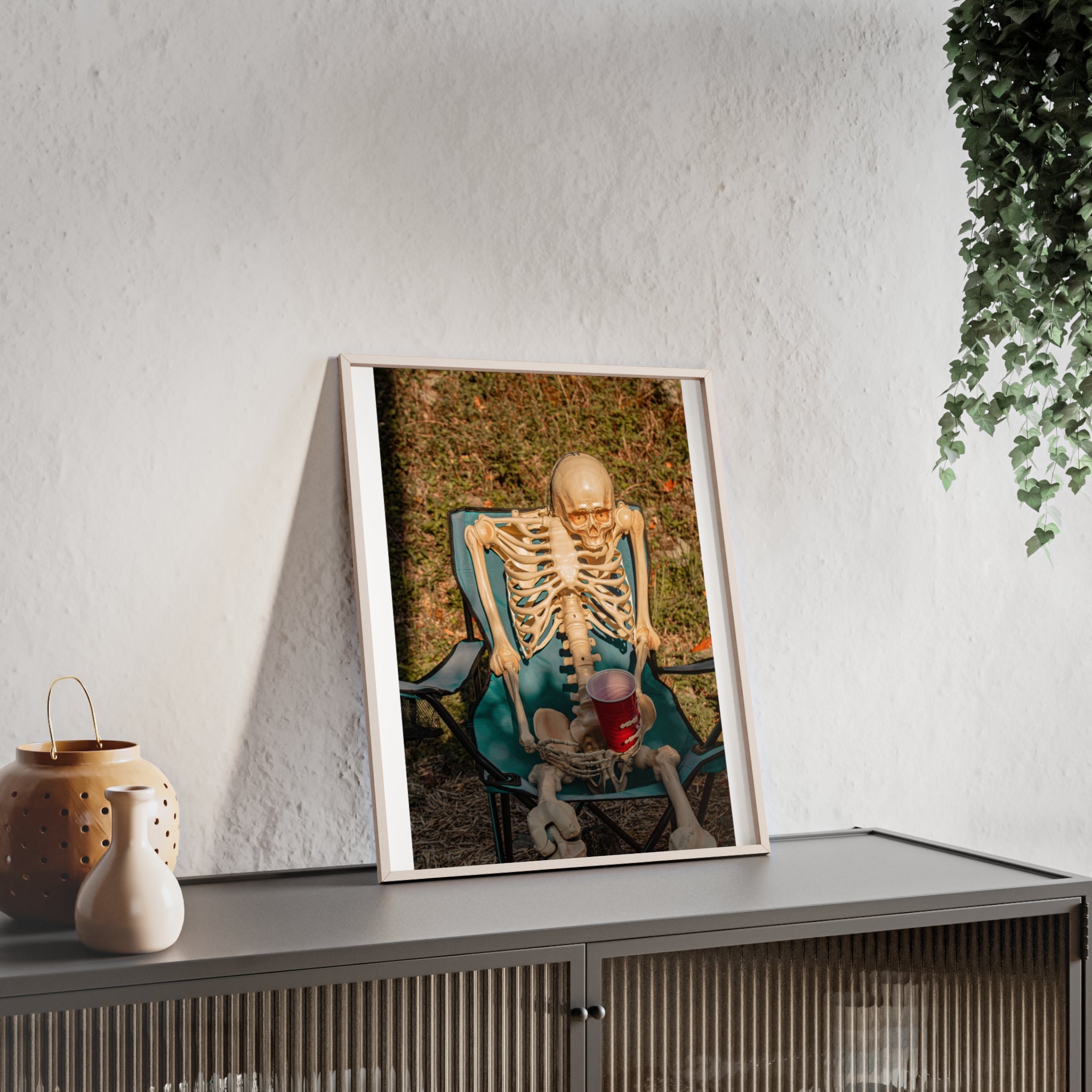Skeleton Relaxing Poster with Wooden Frame — Funny Halloween Wall Art