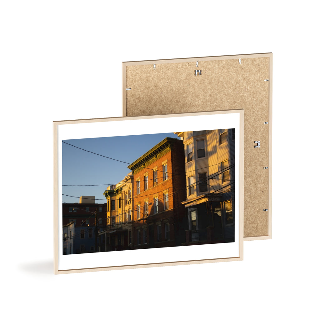 Framed Urban Rowhouse Print — Golden Hour City Street Wall Art Poster