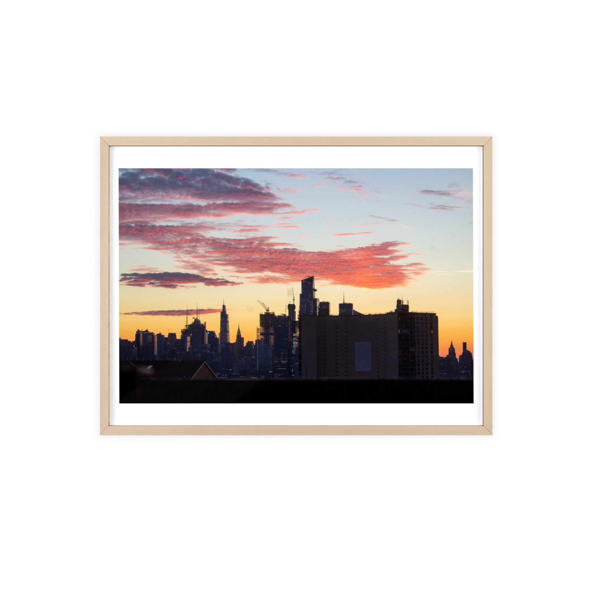 Framed City Skyline Poster — Sunset Urban Wall Art with Wooden Frame
