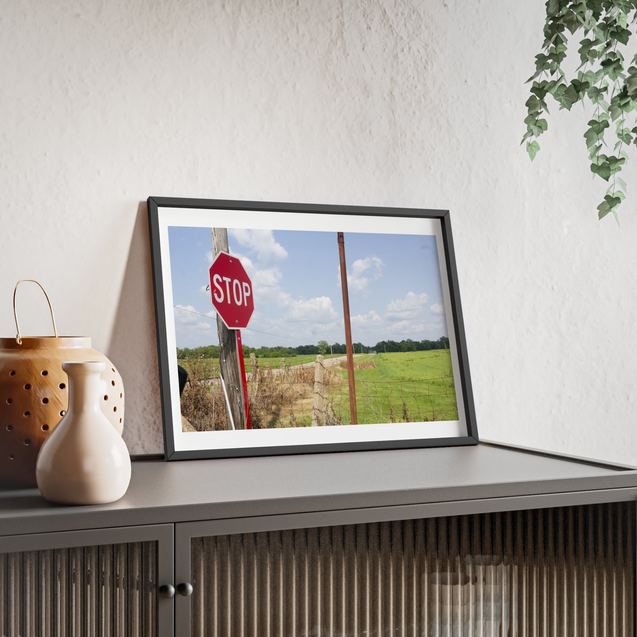 Framed Stop Sign Poster — Rustic Country Road Wall Art