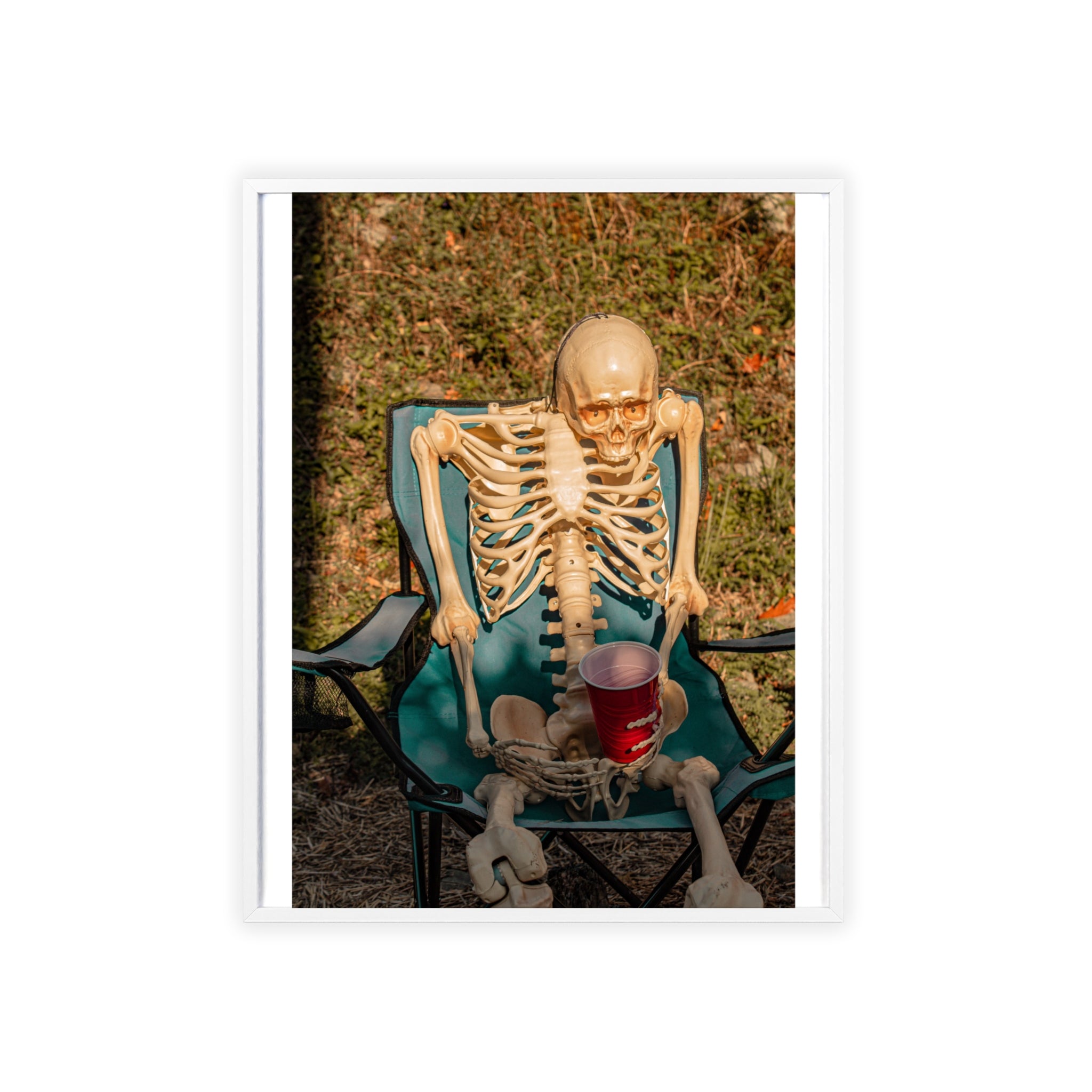 Skeleton Relaxing Poster with Wooden Frame — Funny Halloween Wall Art
