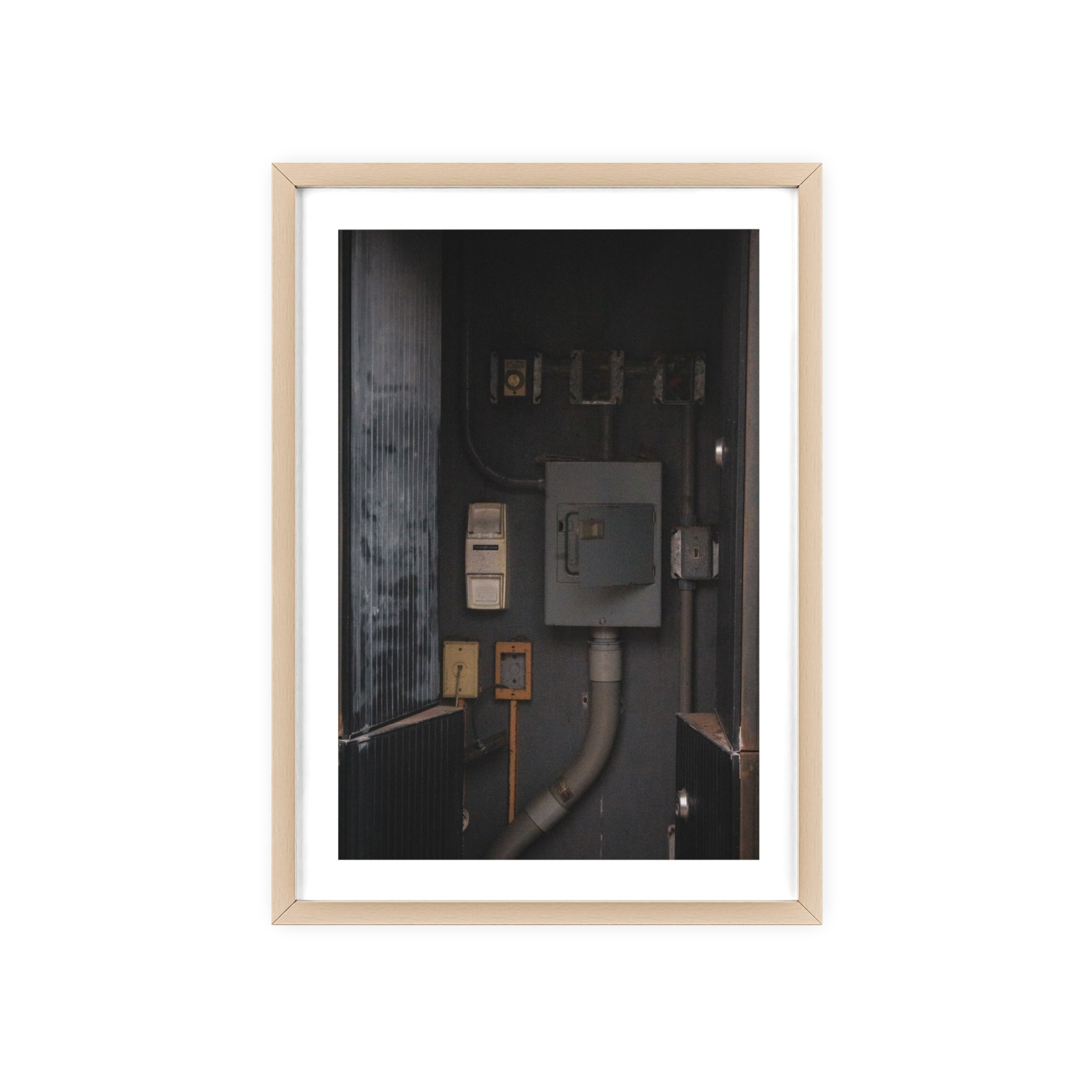 Industrial Electrical Box Poster with Wooden Frame — Urban Utility Wall Art