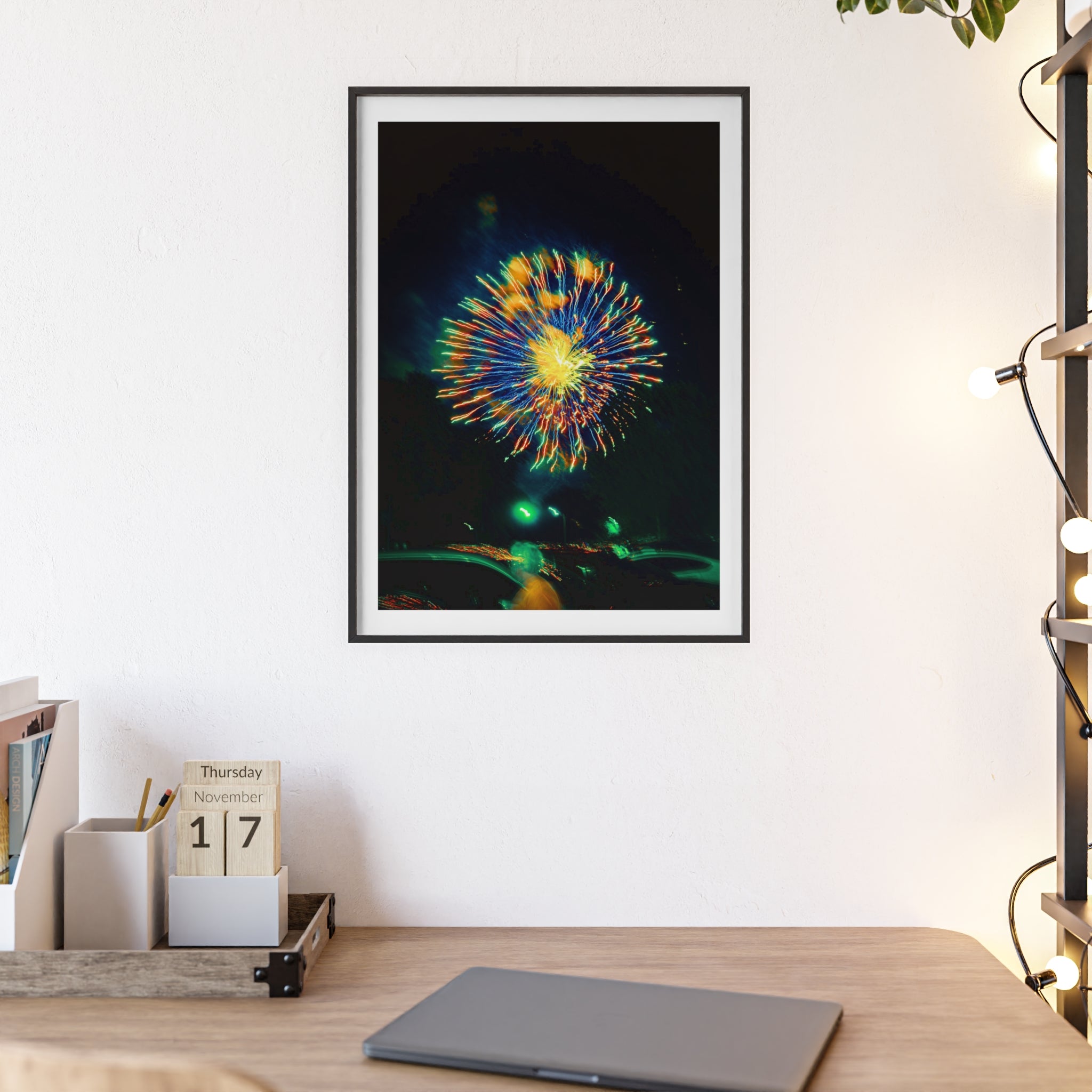 Framed Firework Art Print — Colorful Abstract Night Sky Poster with Wooden Frame