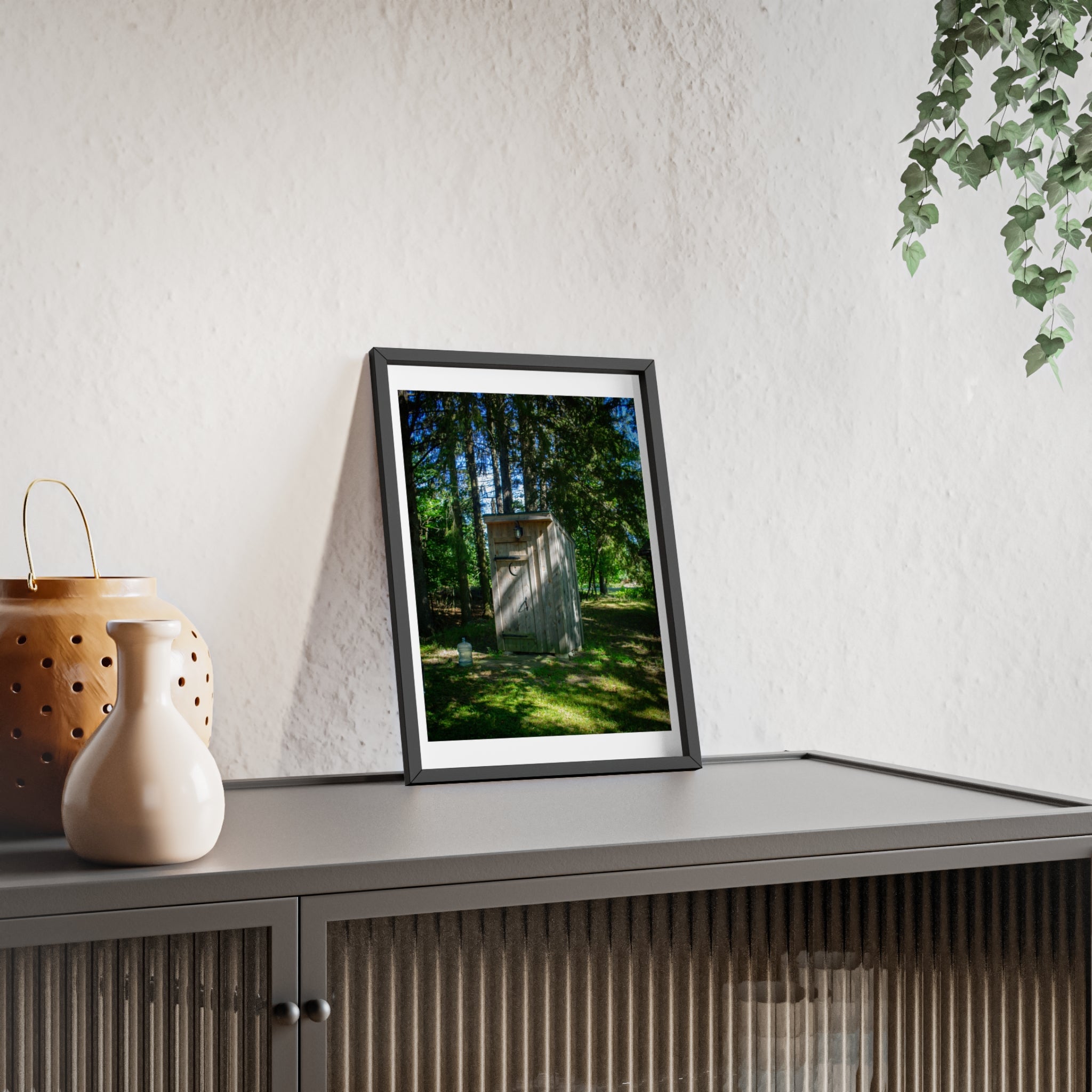 Rustic Forest Outhouse Photo Poster with Wooden Frame — Country Cabin Wall Art