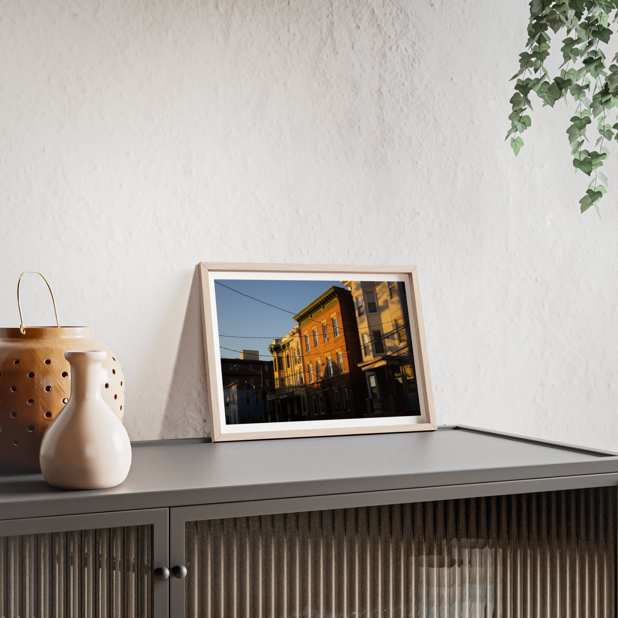 Framed Urban Rowhouse Print — Golden Hour City Street Wall Art Poster