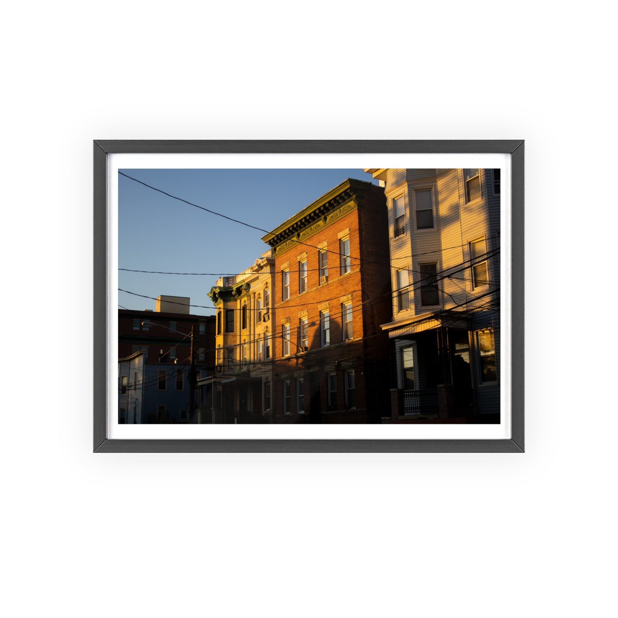 Framed Urban Rowhouse Print — Golden Hour City Street Wall Art Poster