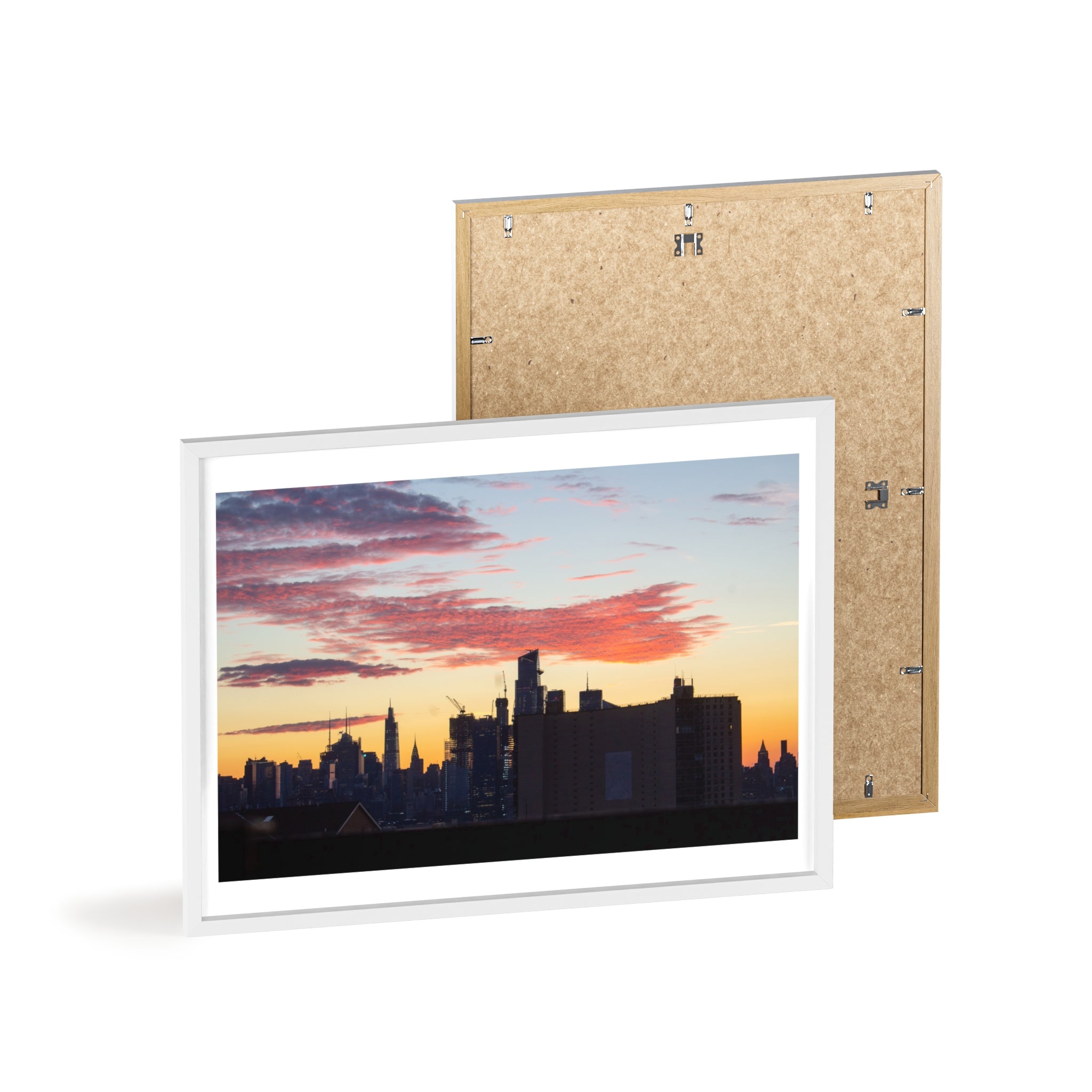 Framed City Skyline Poster — Sunset Urban Wall Art with Wooden Frame