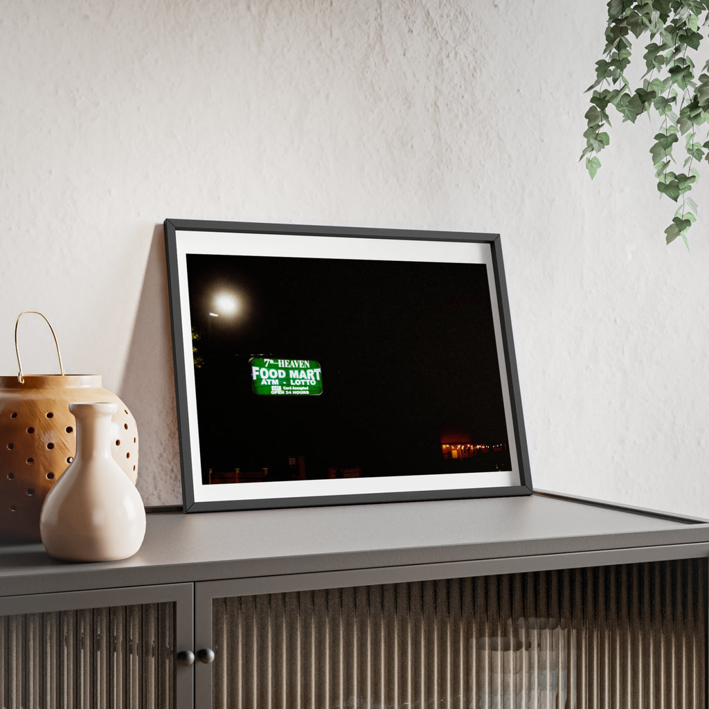Framed Night Market Photo Print — 'Food Mart' Neon Sign Poster