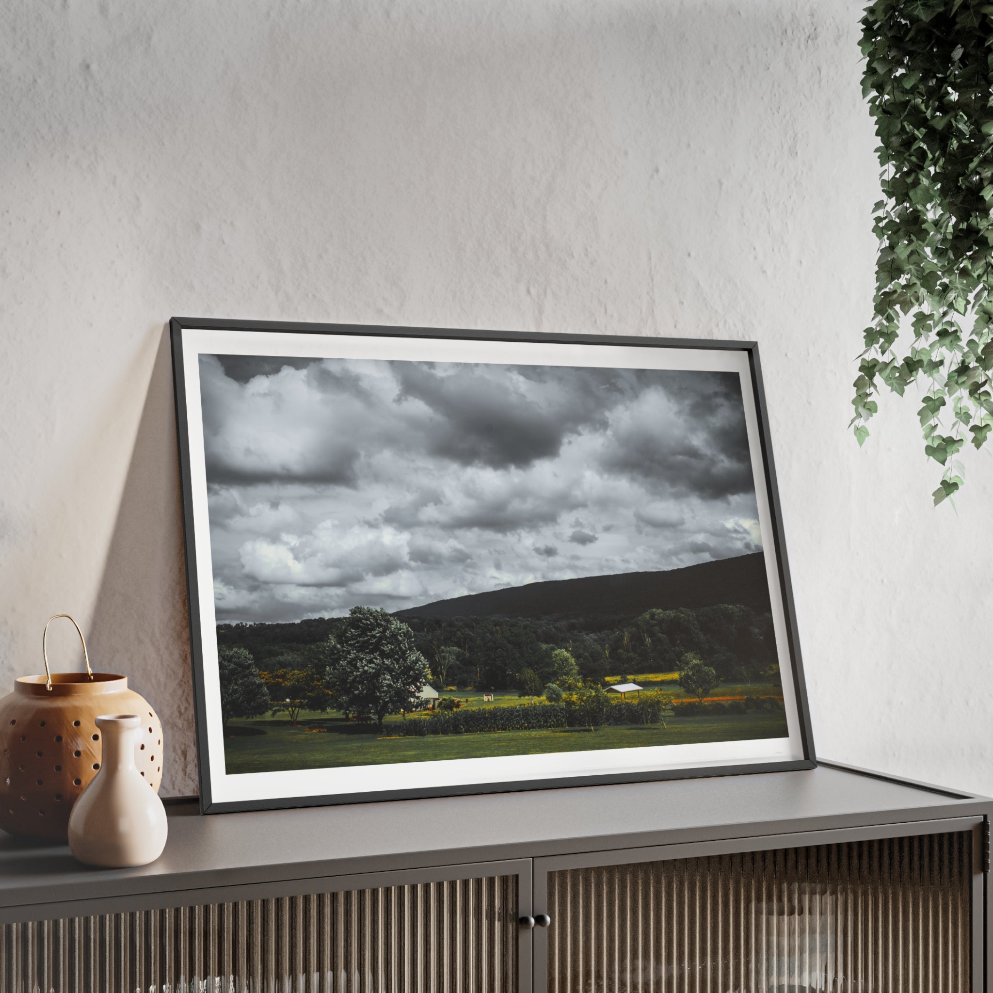 Framed Landscape Poster — Moody Countryside Wall Art with Wooden Frame