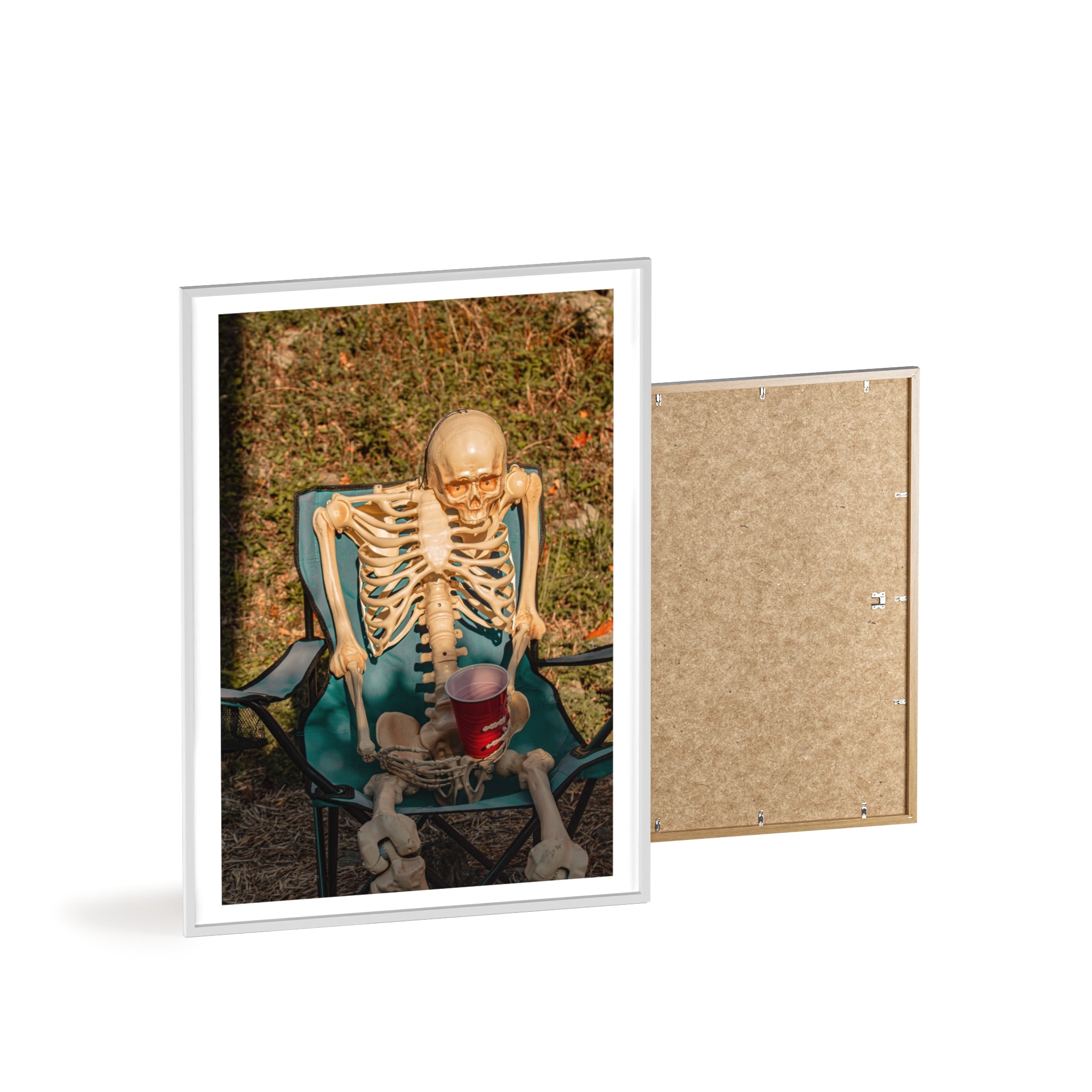 Skeleton Relaxing Poster with Wooden Frame — Funny Halloween Wall Art