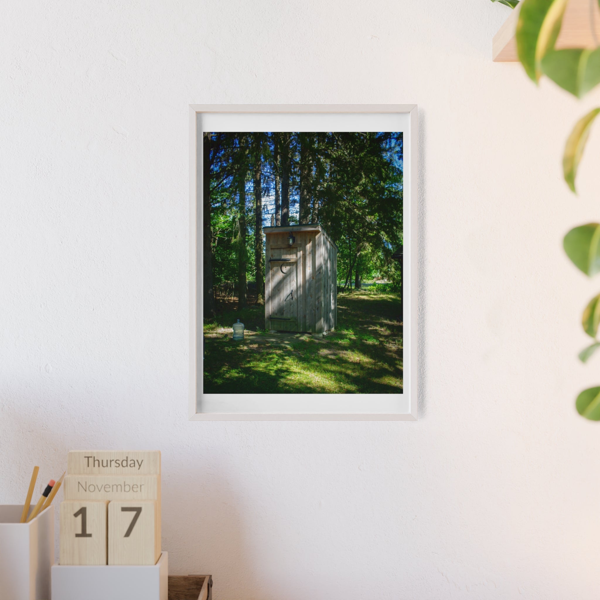 Rustic Forest Outhouse Photo Poster with Wooden Frame — Country Cabin Wall Art