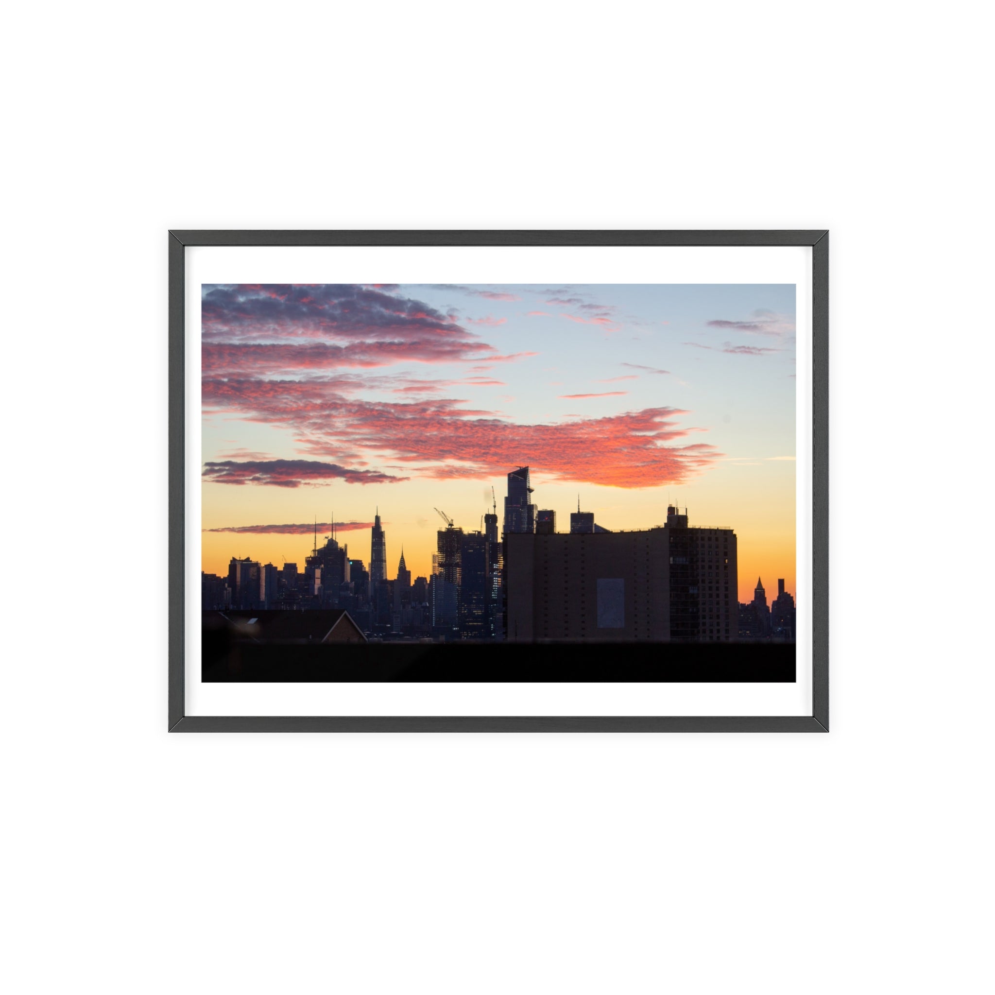 Framed City Skyline Poster — Sunset Urban Wall Art with Wooden Frame