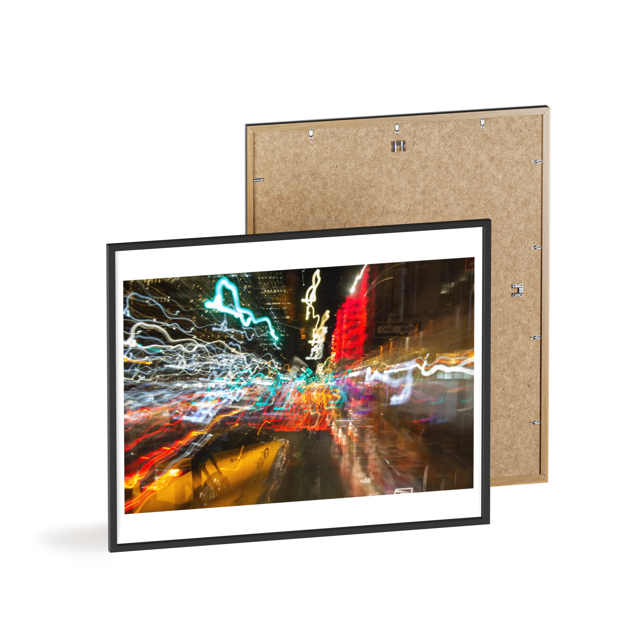 Abstract City Lights Poster with Wooden Frame – Neon Street Photography Wall Art