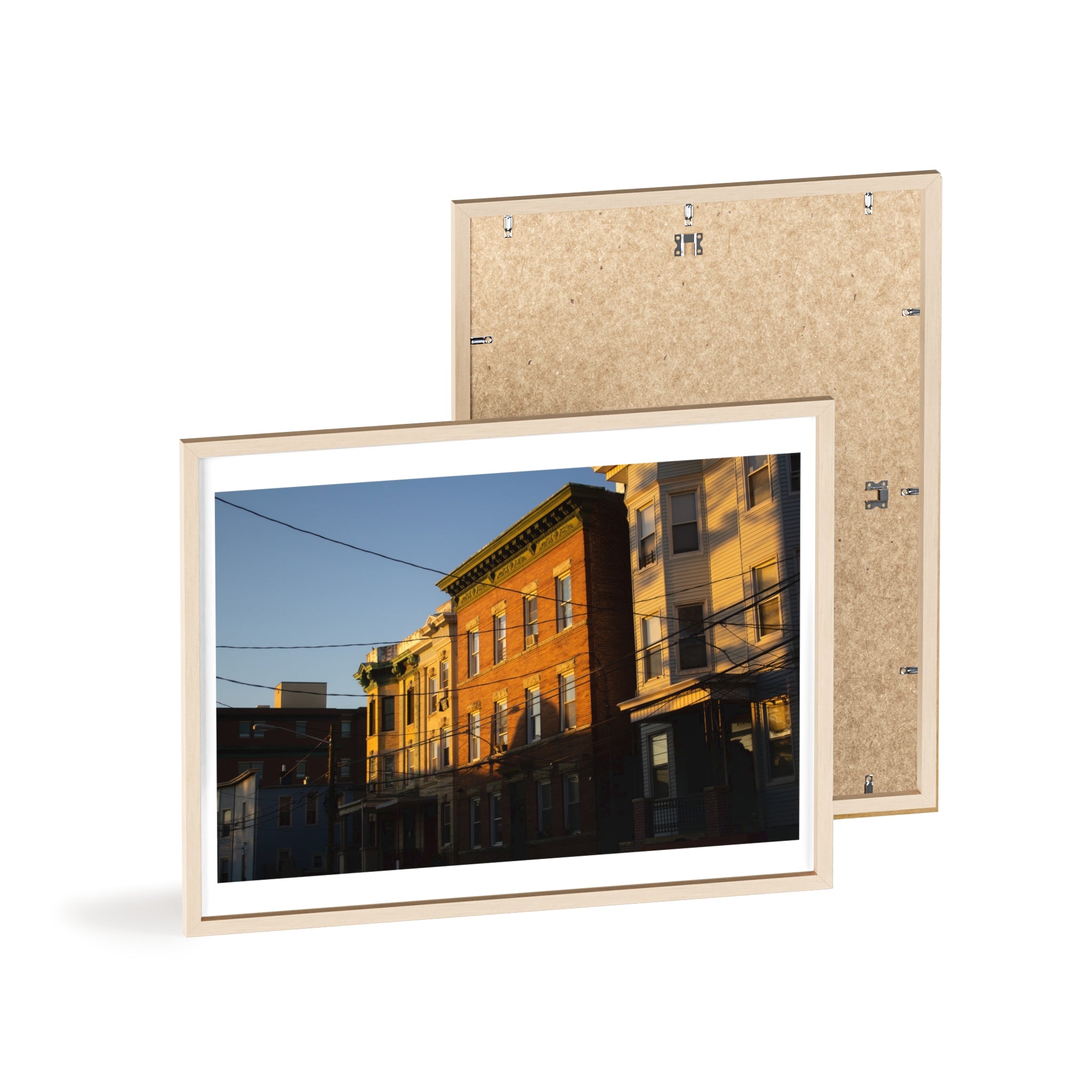 Framed Urban Rowhouse Print — Golden Hour City Street Wall Art Poster