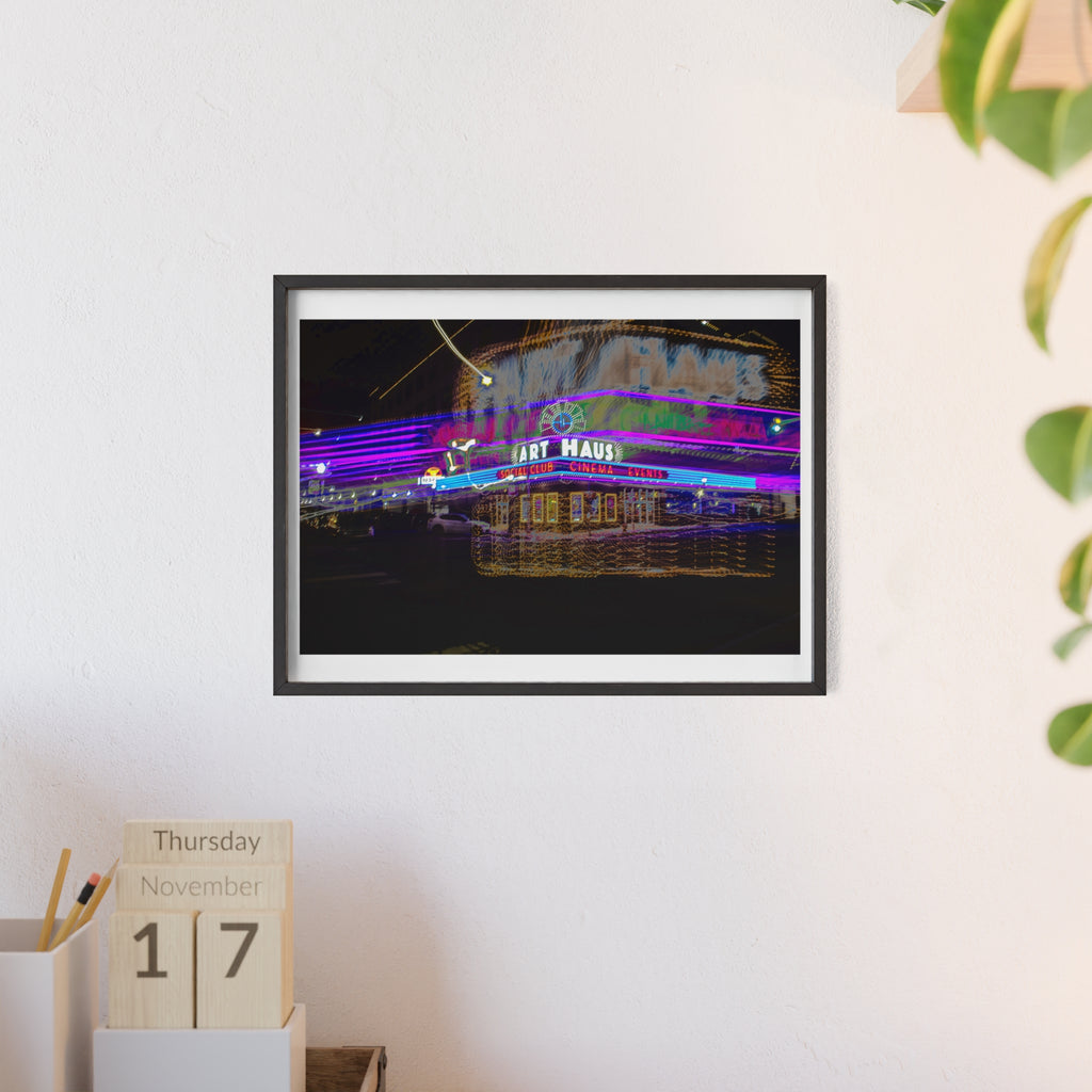 Neon Night Cinema Poster with Wooden Frame