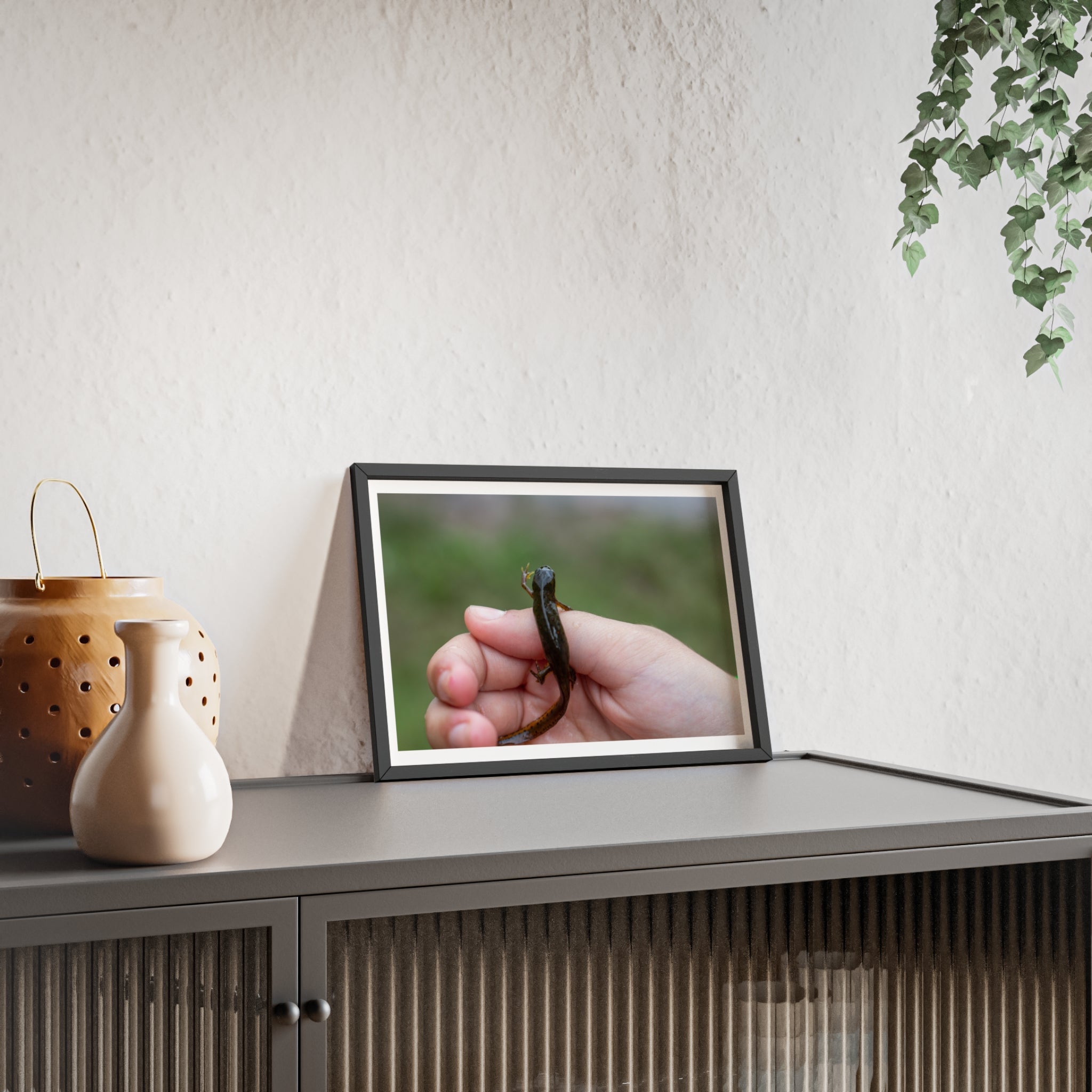 Framed Wildlife Photo Poster — Child Holding Newt