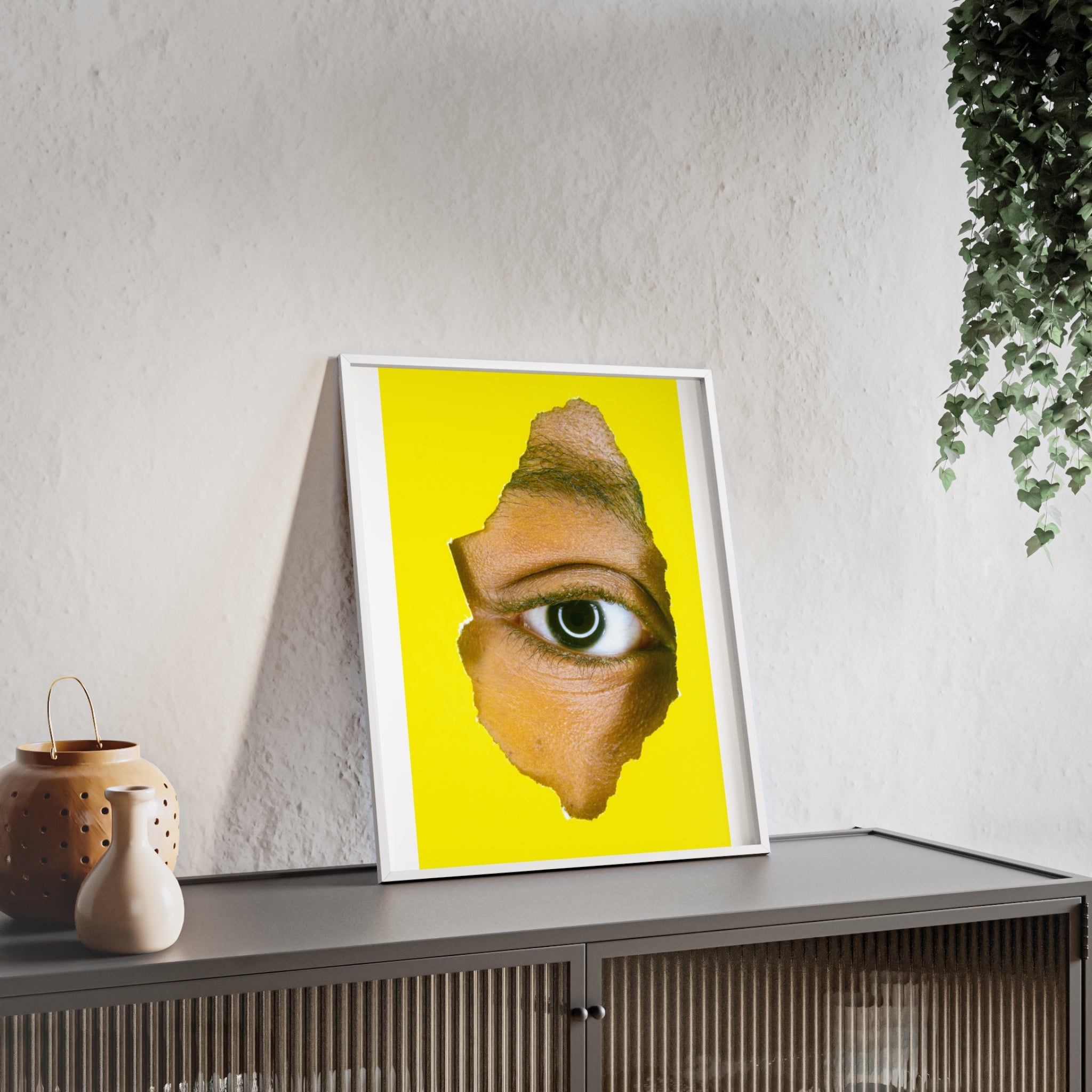 Surreal Eye Print Poster with Wooden Frame — Bold Yellow Wall Art