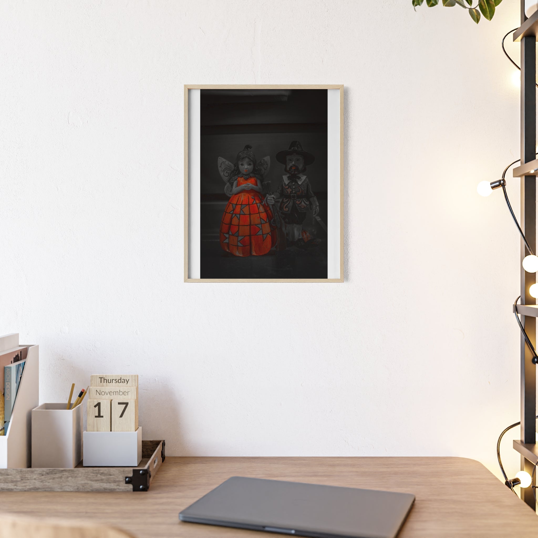 Halloween Doll Poster with Wooden Frame — Orange Pumpkin Dress Décor