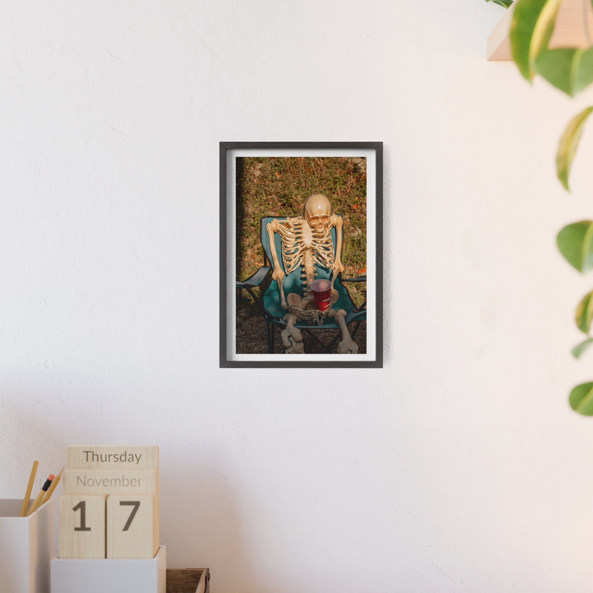 Skeleton Relaxing Poster with Wooden Frame — Funny Halloween Wall Art