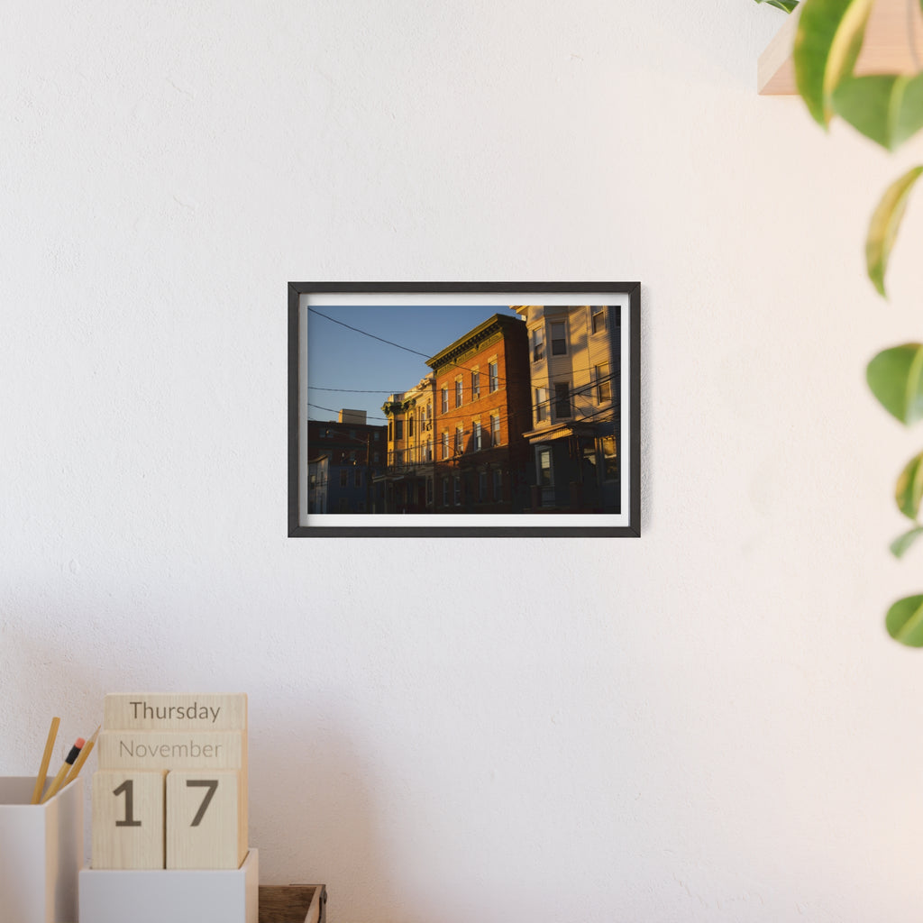 Framed Urban Rowhouse Print — Golden Hour City Street Wall Art Poster