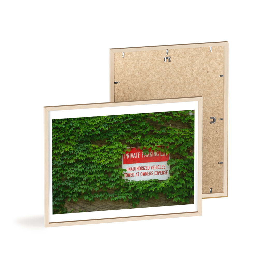 Ivy-Covered Wall Poster with Wooden Frame — “Private Parking” Vintage Sign Art