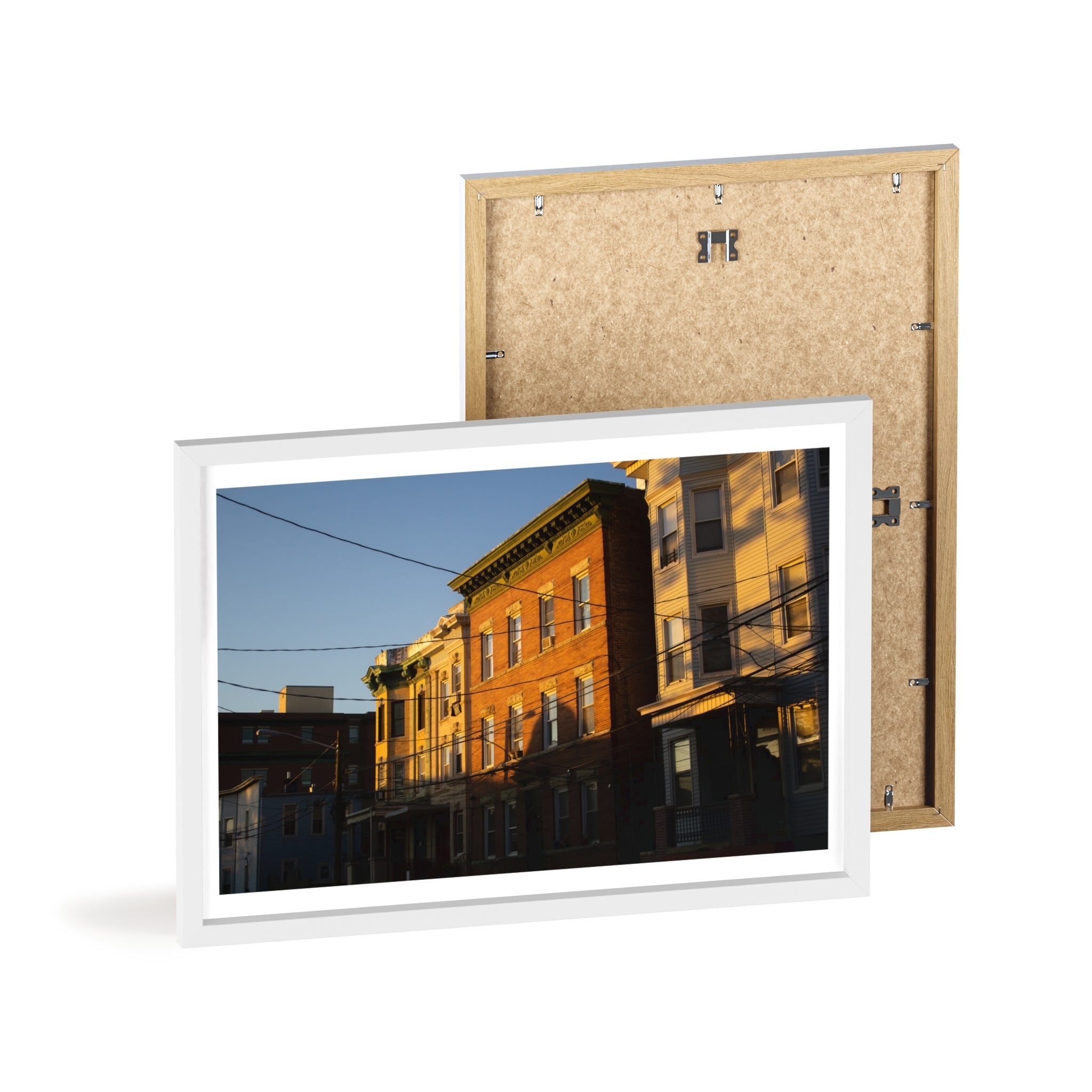 Framed Urban Rowhouse Print — Golden Hour City Street Wall Art Poster