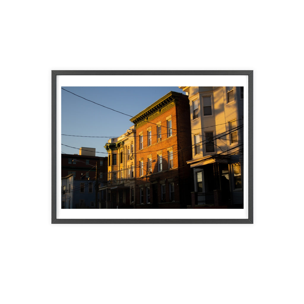 Framed Urban Rowhouse Print — Golden Hour City Street Wall Art Poster