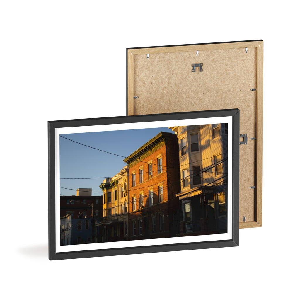 Framed Urban Rowhouse Print — Golden Hour City Street Wall Art Poster
