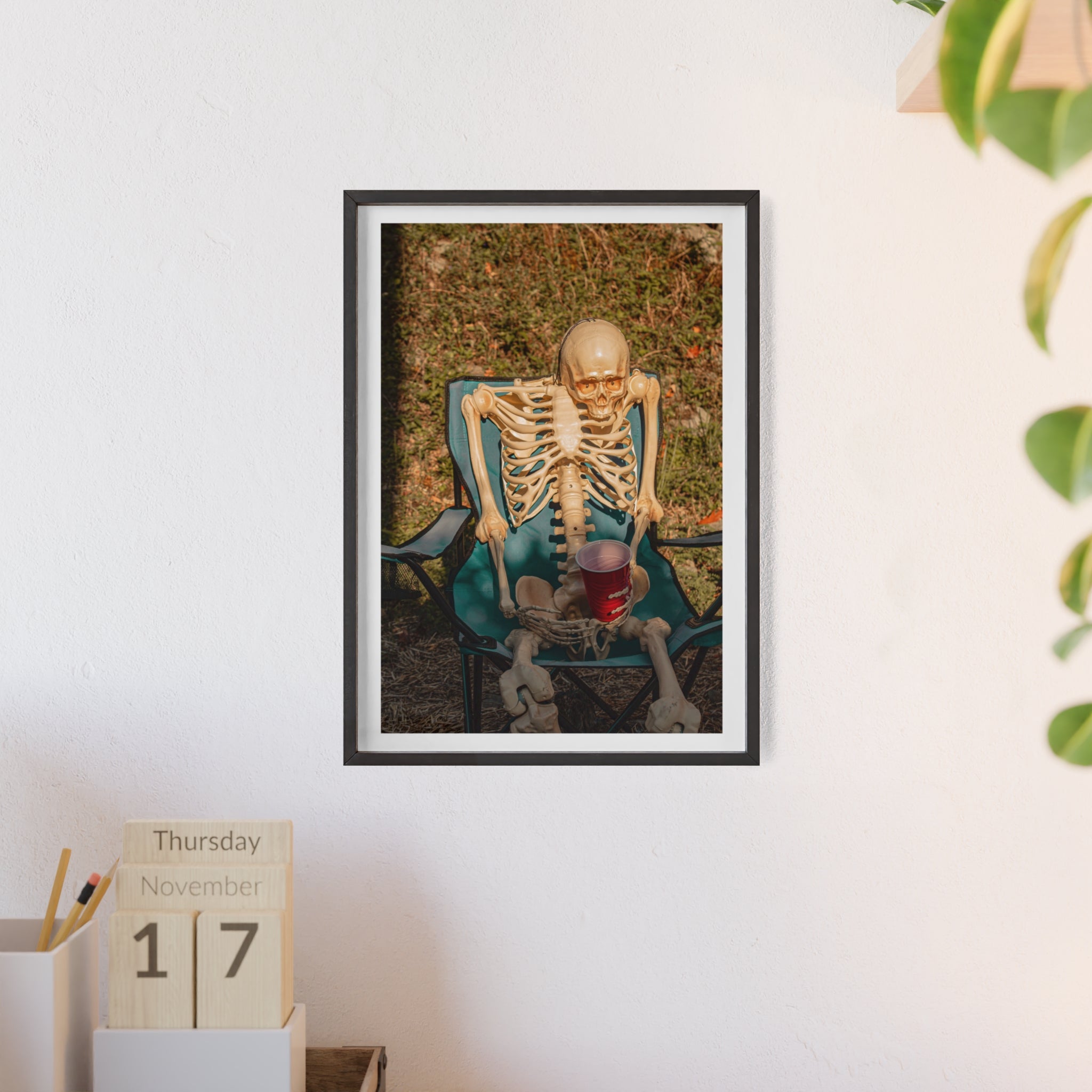 Skeleton Relaxing Poster with Wooden Frame — Funny Halloween Wall Art