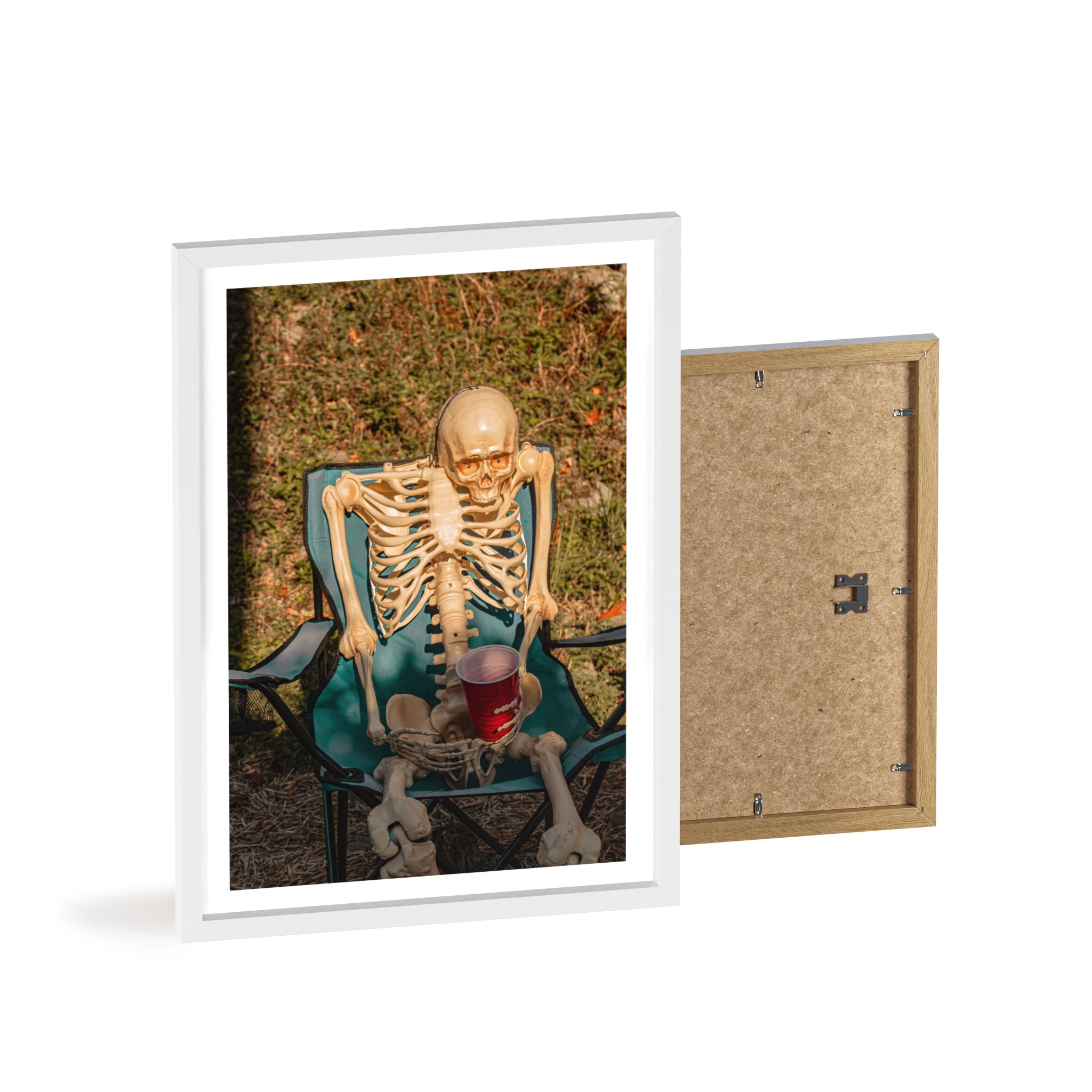 Skeleton Relaxing Poster with Wooden Frame — Funny Halloween Wall Art