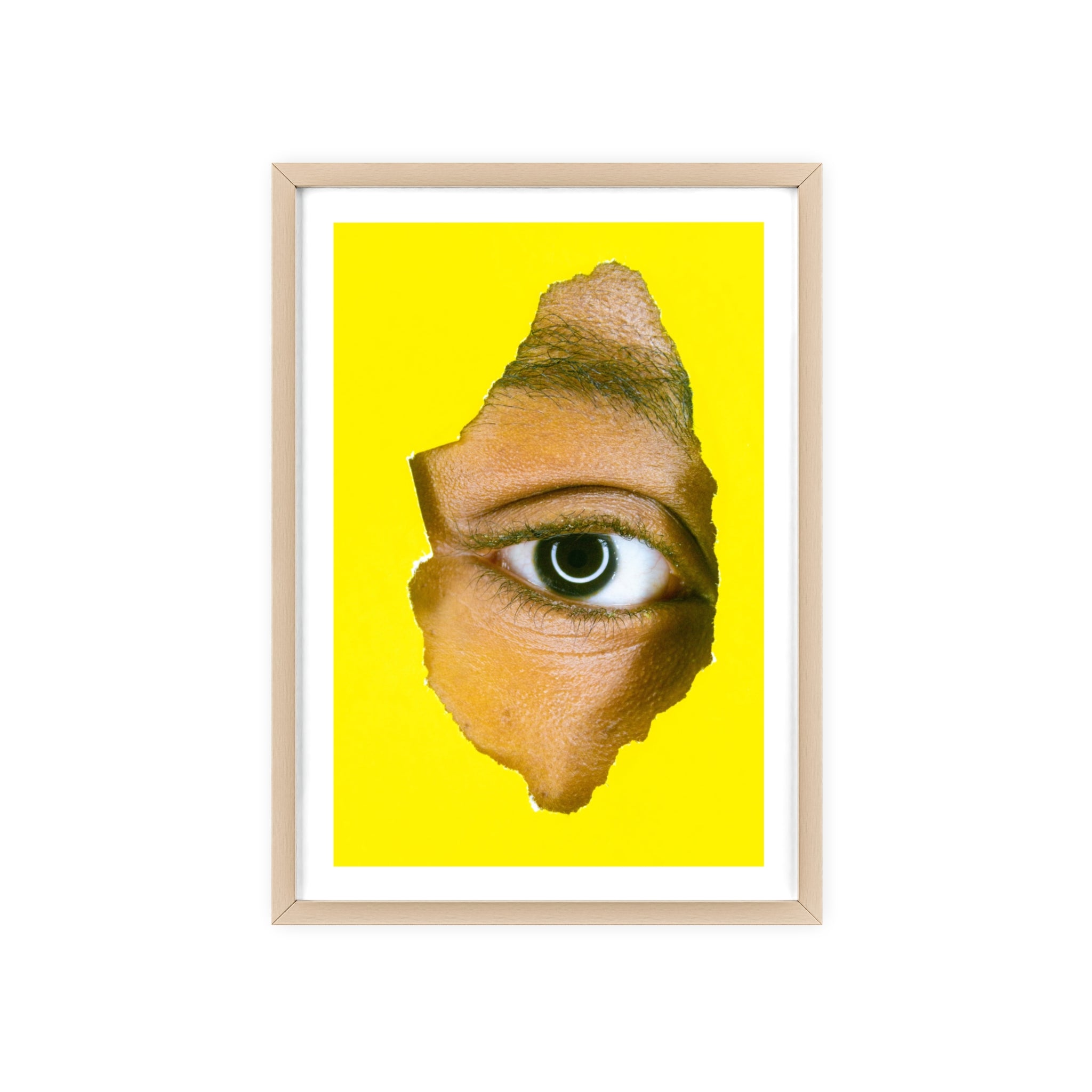 Surreal Eye Print Poster with Wooden Frame — Bold Yellow Wall Art
