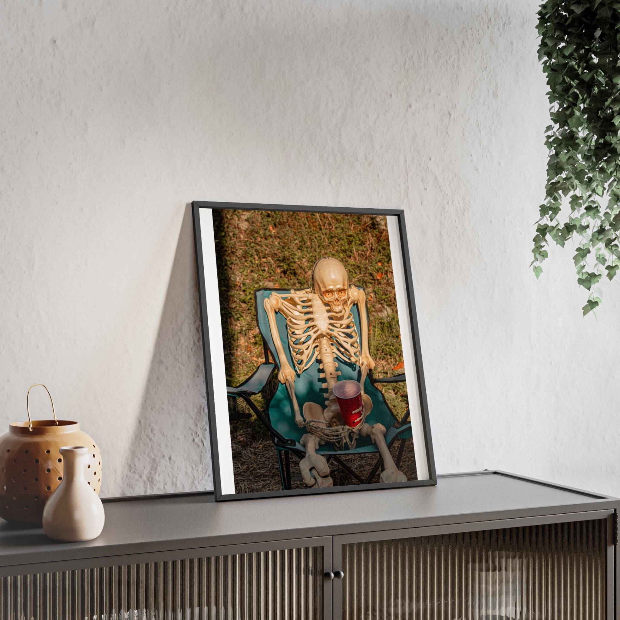 Skeleton Relaxing Poster with Wooden Frame — Funny Halloween Wall Art