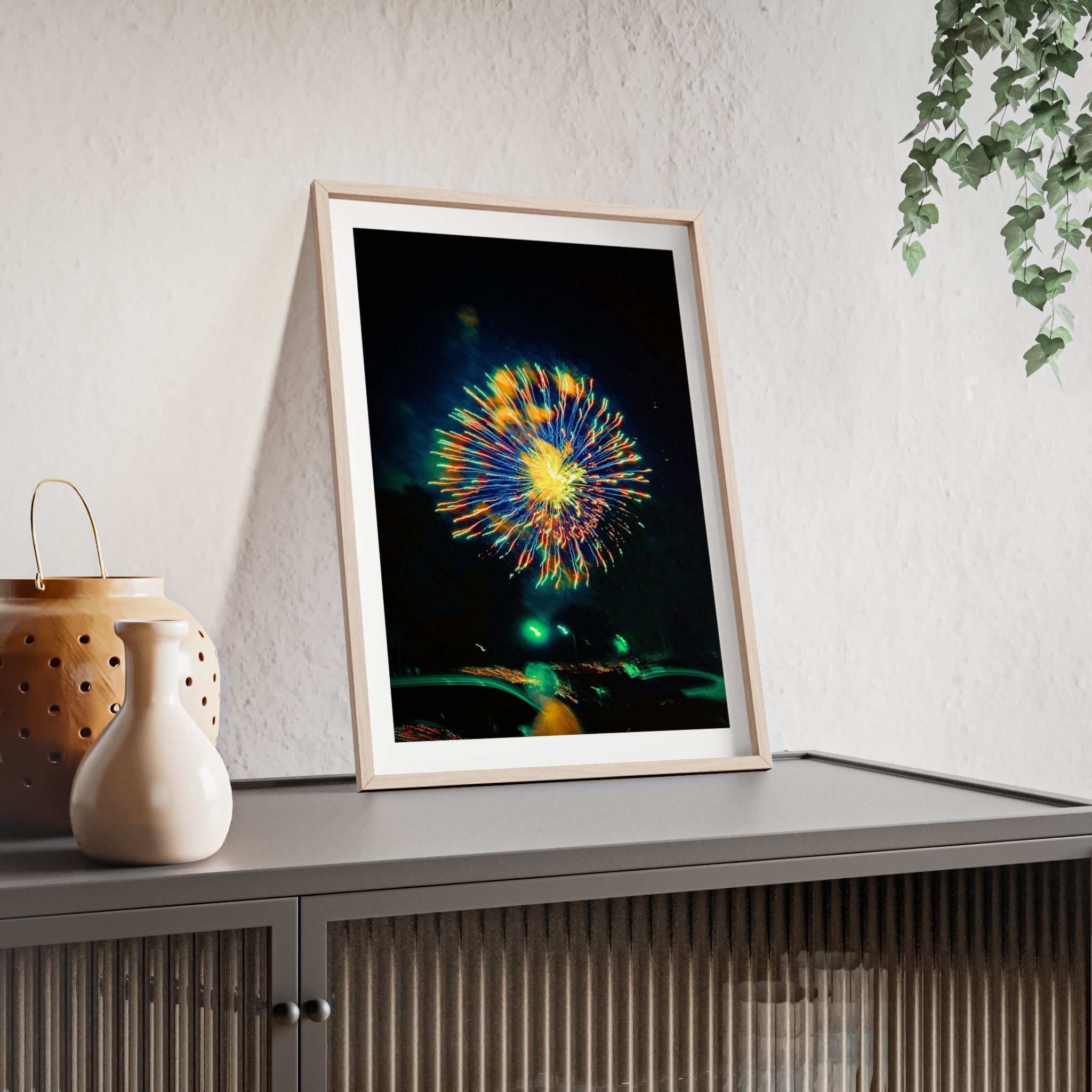 Framed Firework Art Print — Colorful Abstract Night Sky Poster with Wooden Frame