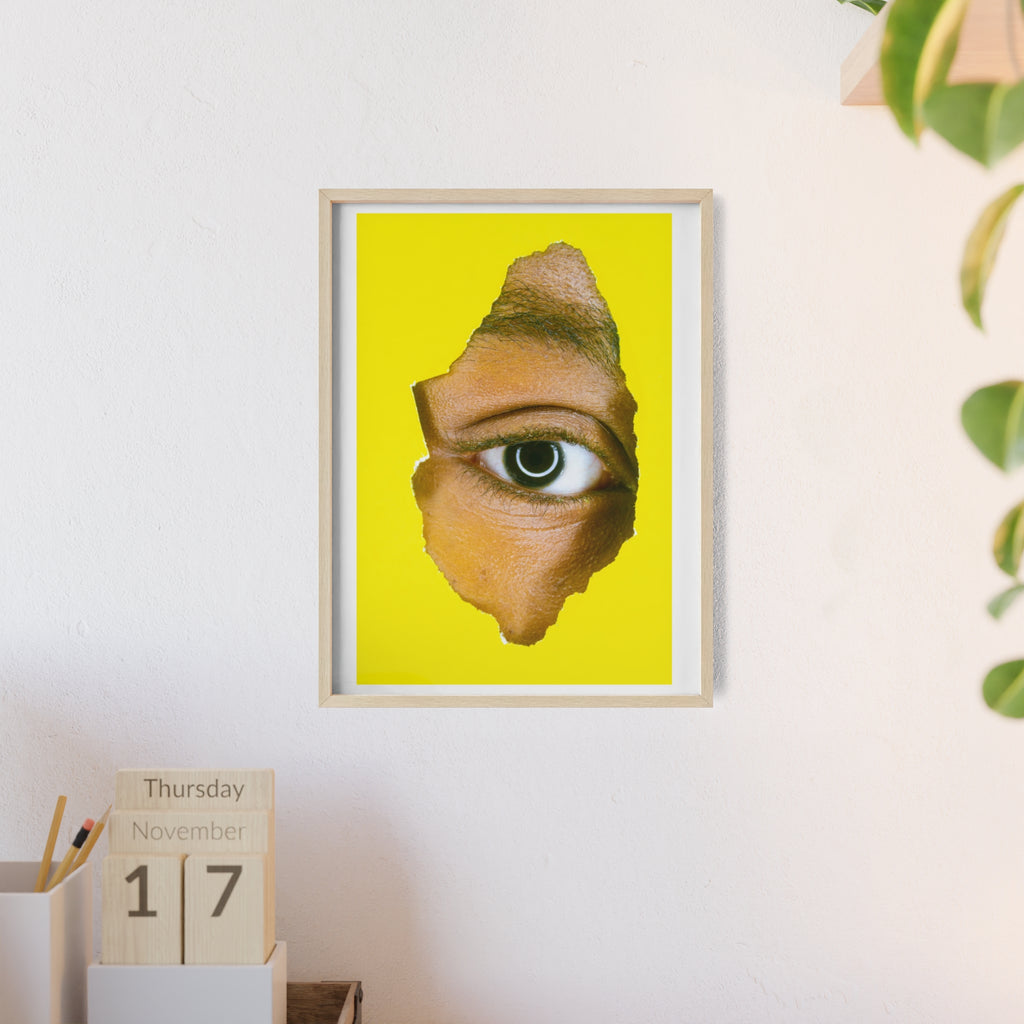Surreal Eye Print Poster with Wooden Frame — Bold Yellow Wall Art