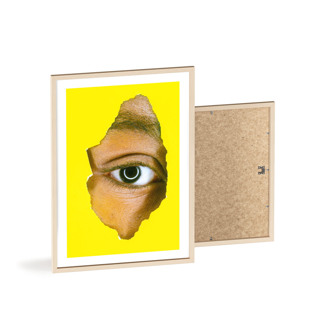 Surreal Eye Print Poster with Wooden Frame — Bold Yellow Wall Art
