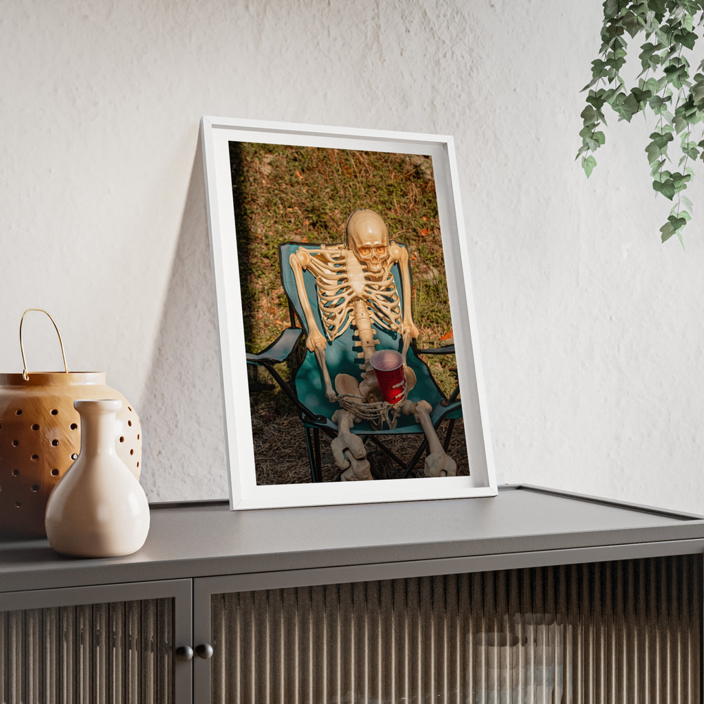 Skeleton Relaxing Poster with Wooden Frame — Funny Halloween Wall Art
