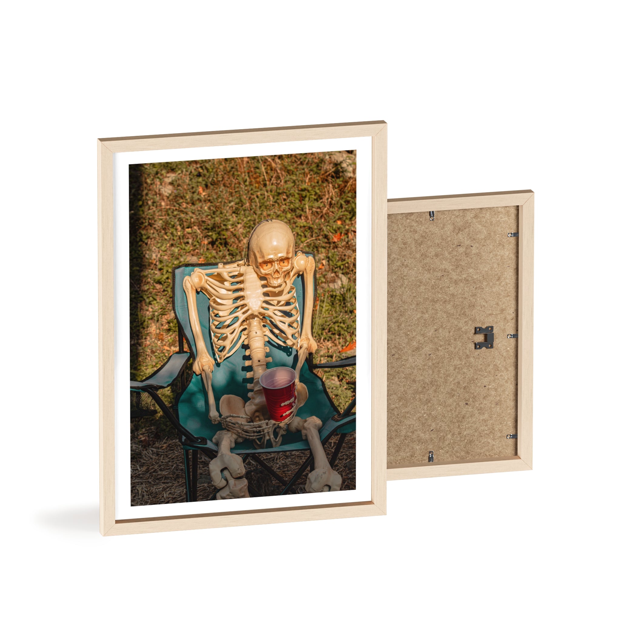 Skeleton Relaxing Poster with Wooden Frame — Funny Halloween Wall Art