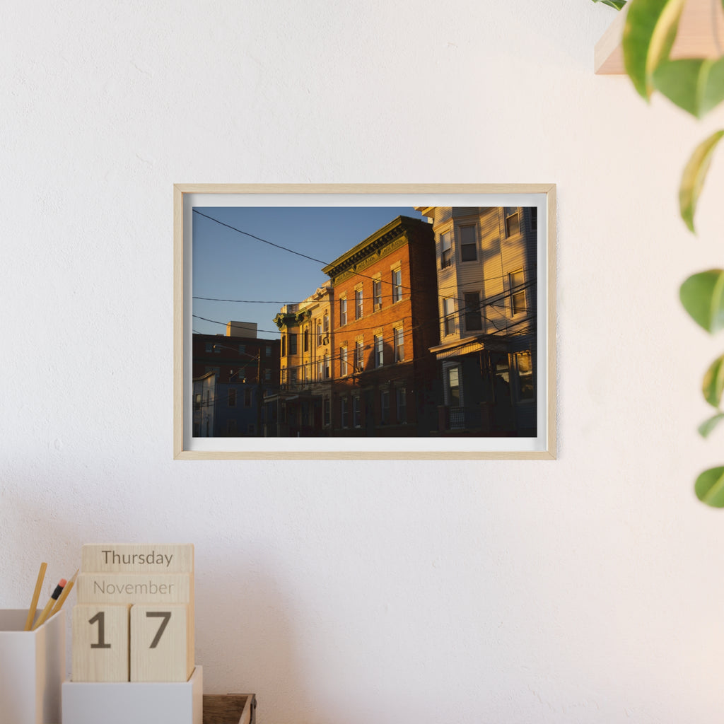 Framed Urban Rowhouse Print — Golden Hour City Street Wall Art Poster