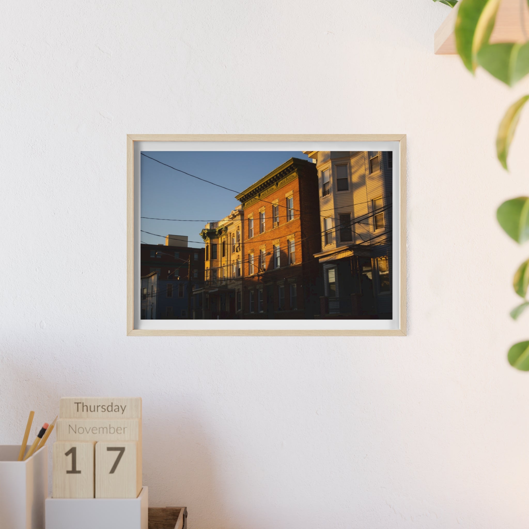 Framed Urban Rowhouse Print — Golden Hour City Street Wall Art Poster