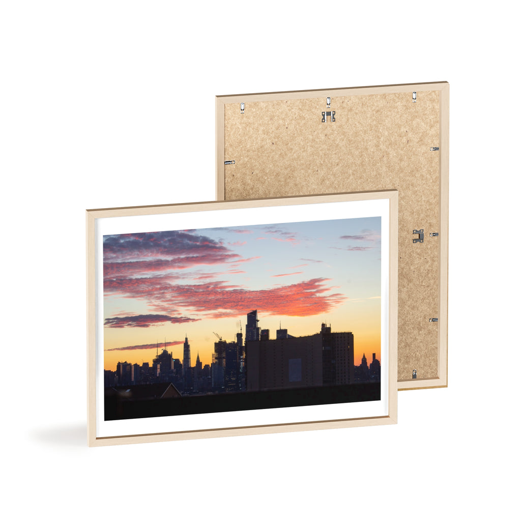 Framed City Skyline Poster — Sunset Urban Wall Art with Wooden Frame