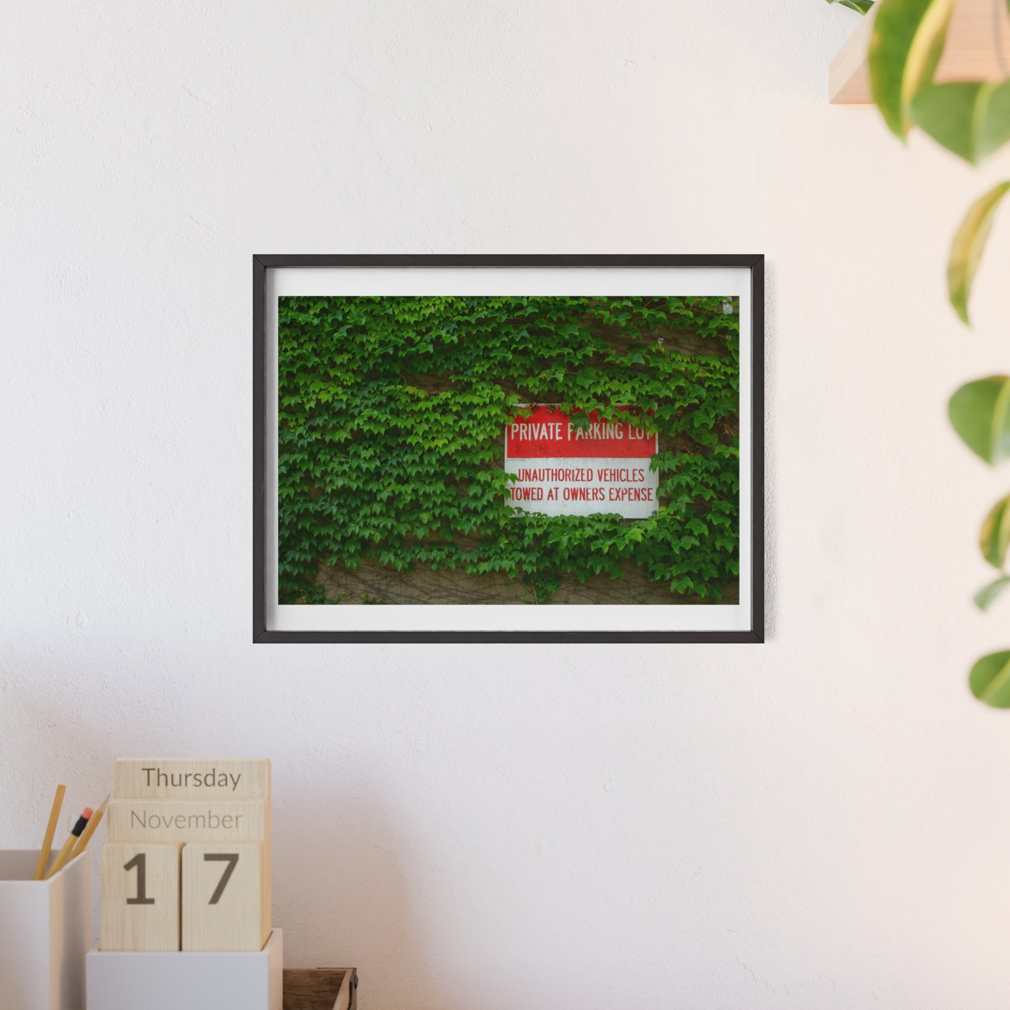 Ivy-Covered Wall Poster with Wooden Frame — “Private Parking” Vintage Sign Art