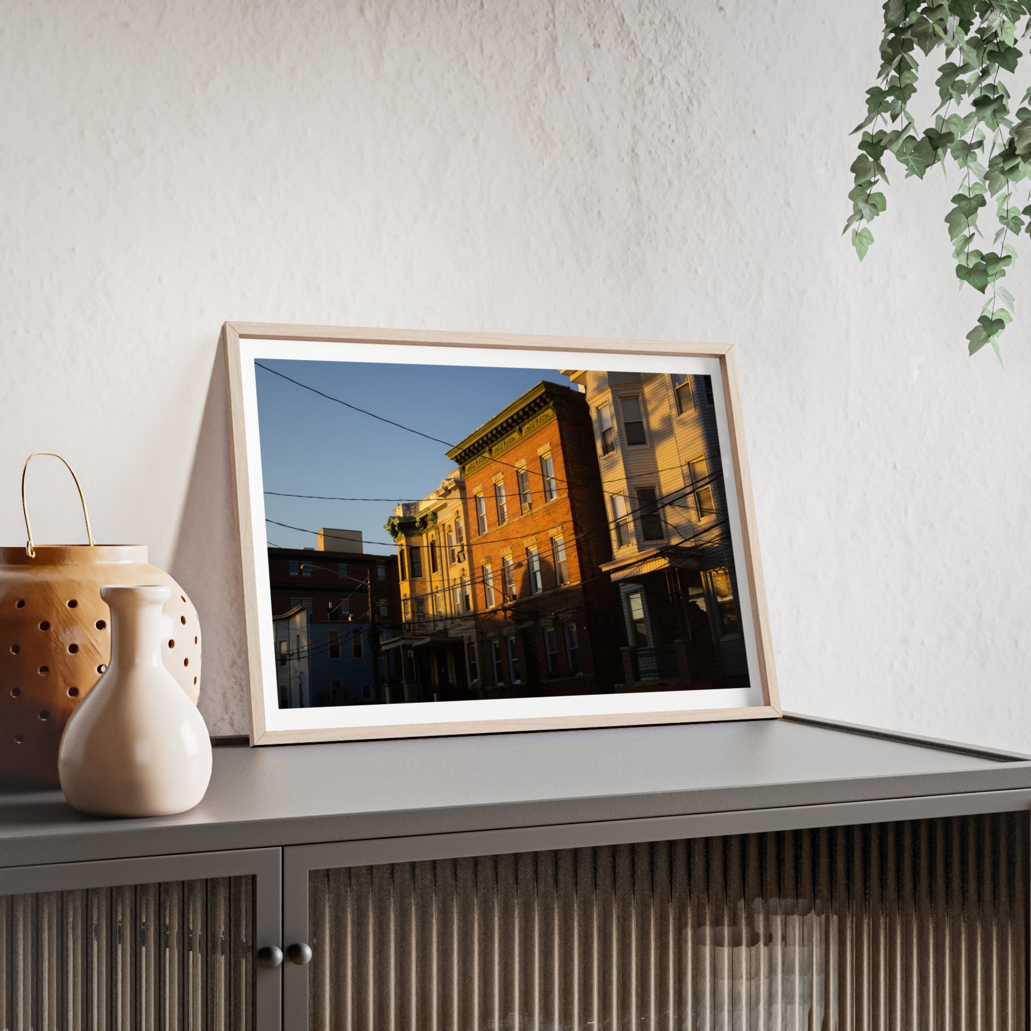 Framed Urban Rowhouse Print — Golden Hour City Street Wall Art Poster
