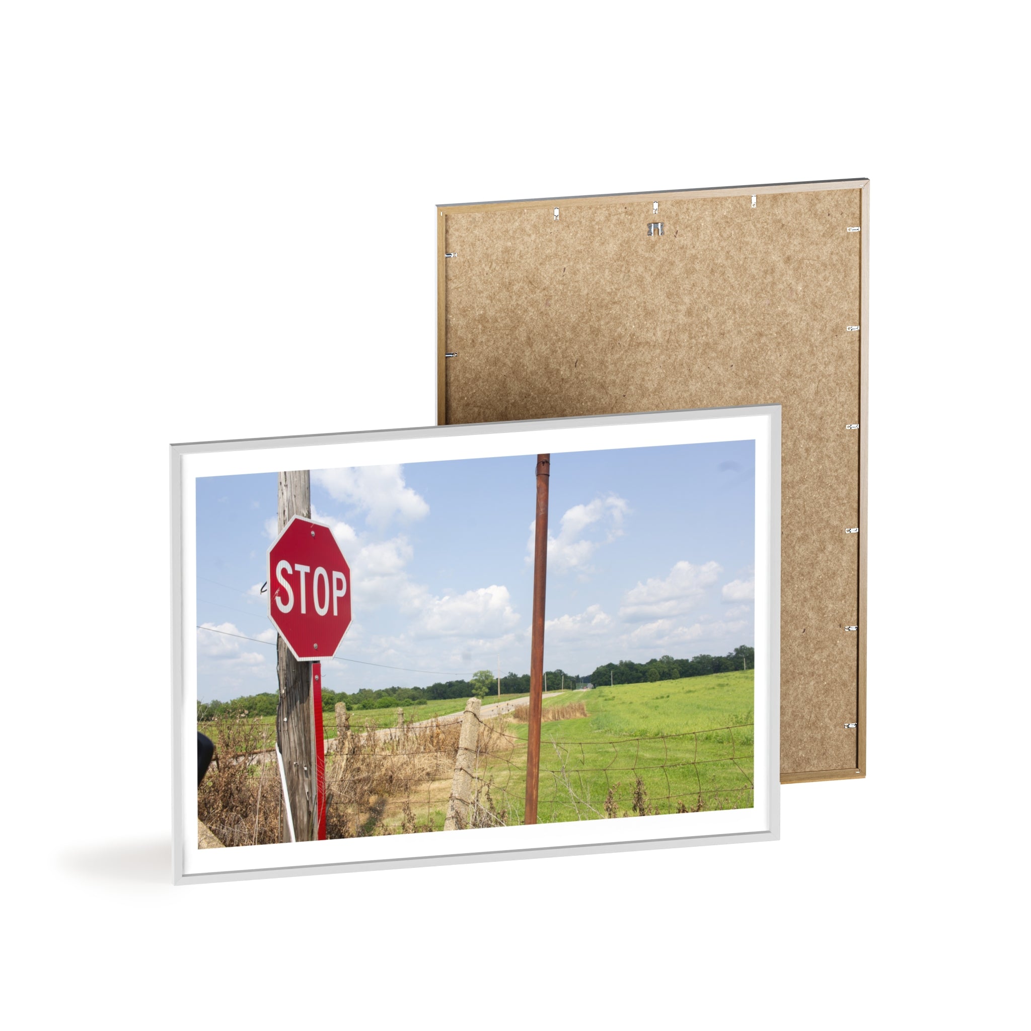 Framed Stop Sign Poster — Rustic Country Road Wall Art